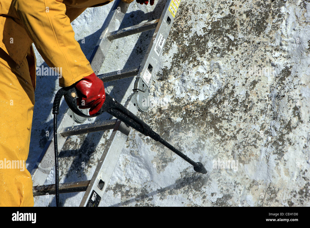 Man on a ladder using pressure washer on white cottage wall to remove