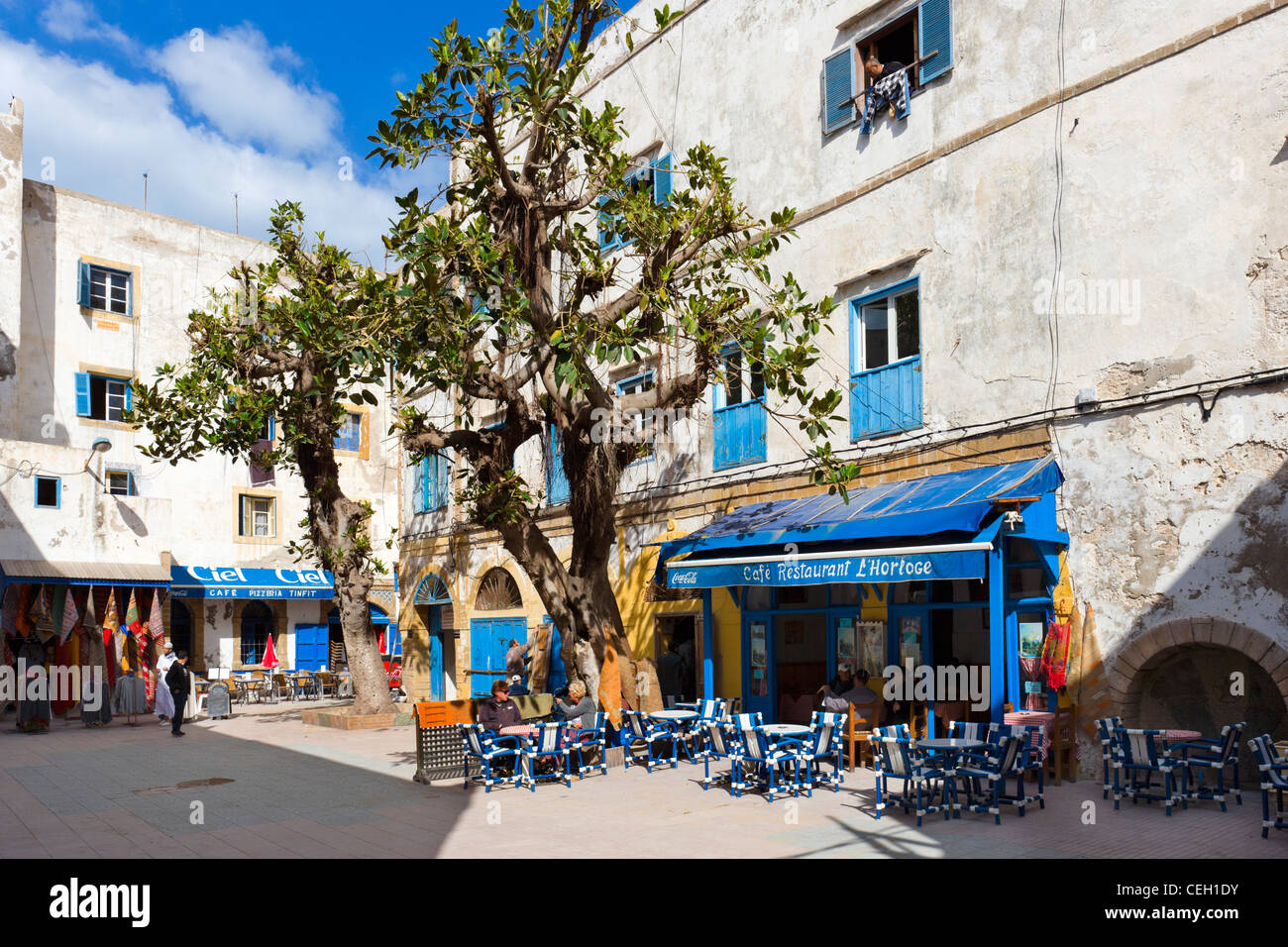 Cafes in the Place Chefchaouni near the Medina and Kasbah, Essaouira, Morocco, North Africa Stock Photo