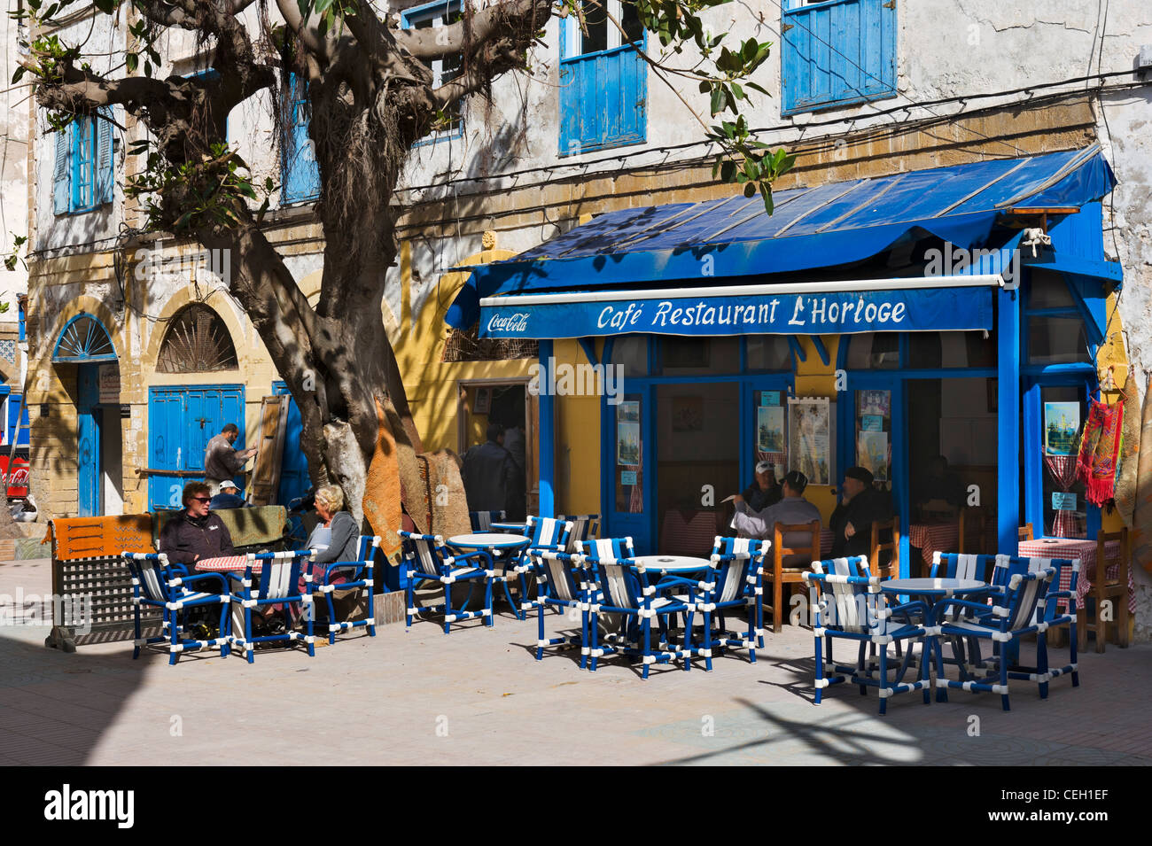 Cafe Restaurant L'Horloge in the Place Chefchaouni near the Medina and Kasbah, Essaouira, Morocco, North Africa Stock Photo