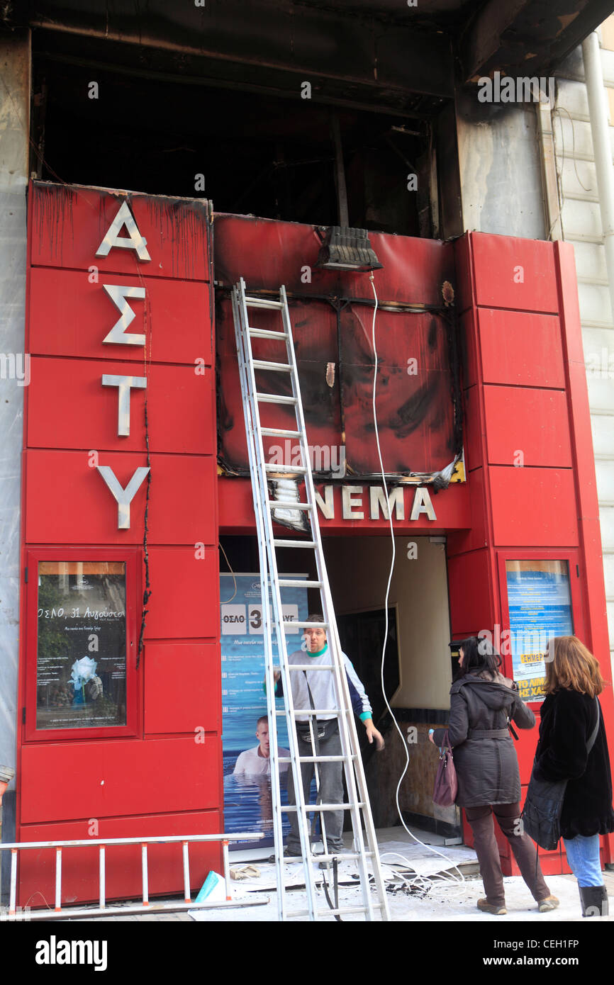 greece athens asty cinema vandalised and burnt down after the riots of 12th february Stock Photo