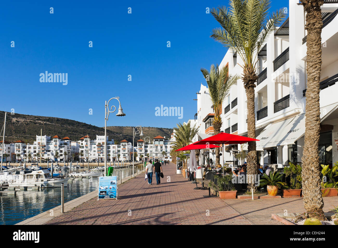 Sidewalk restaurant in Agadir Marina, Agadir, Morocco, North Africa Stock Photo