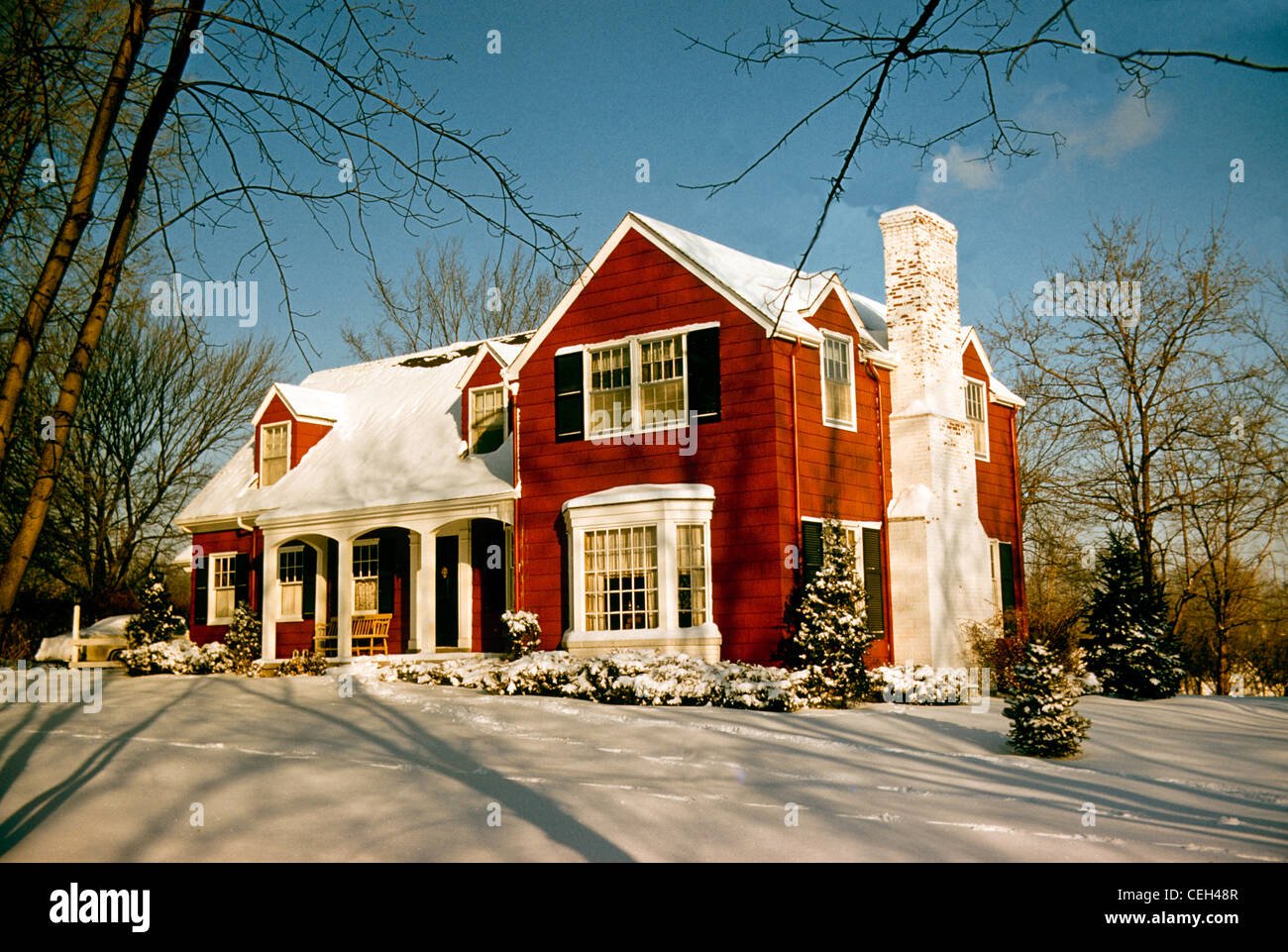 Traditional clapboard house on snowy day in Missouri, Midwest USA Stock ...