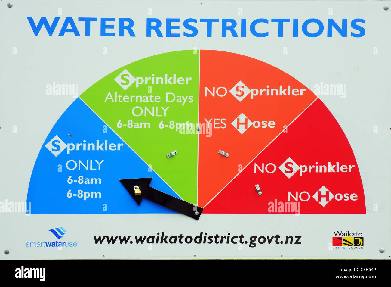 A water restrictions board in New Zealand, showing whether you can use sprinklers or hoses Stock Photo