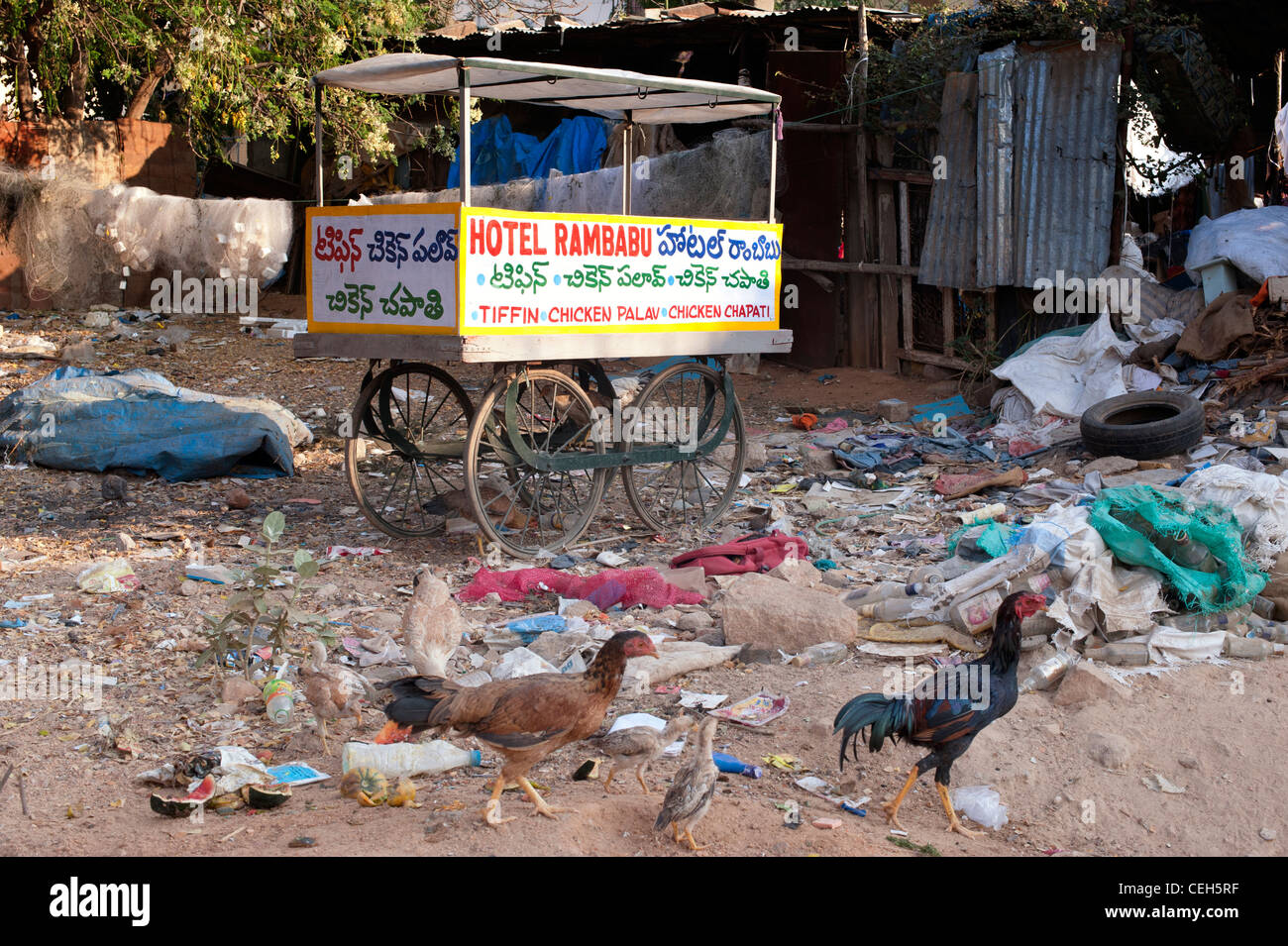 Indian food cart in the middle of a rubbish tip surround by chickens. Andhra Pradesh, India Stock Photo