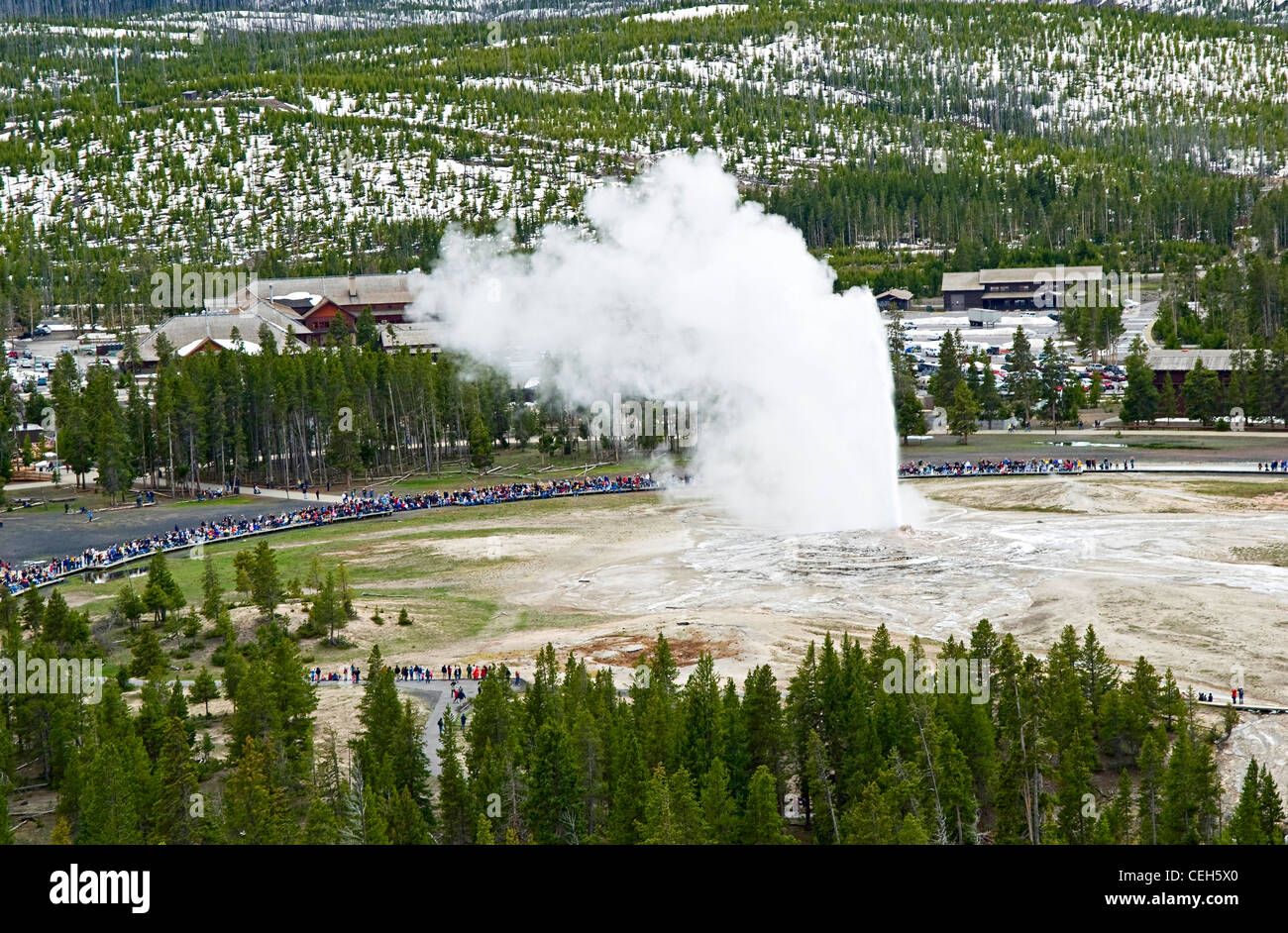 Overhead View of Old Faithful Erupting. Stock Photo