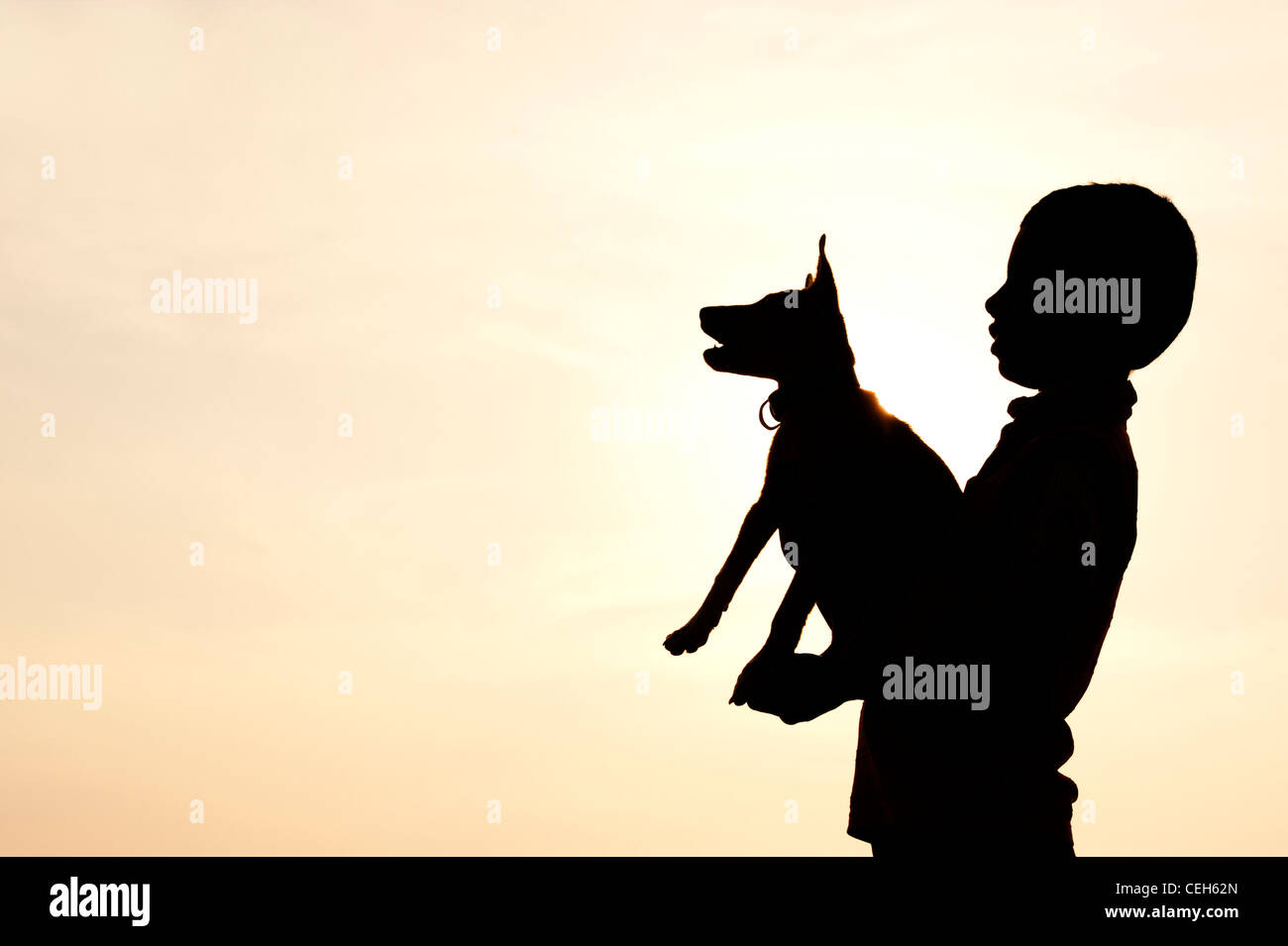 Silhouette of young Indian boy holding and playing with his puppy. India Stock Photo