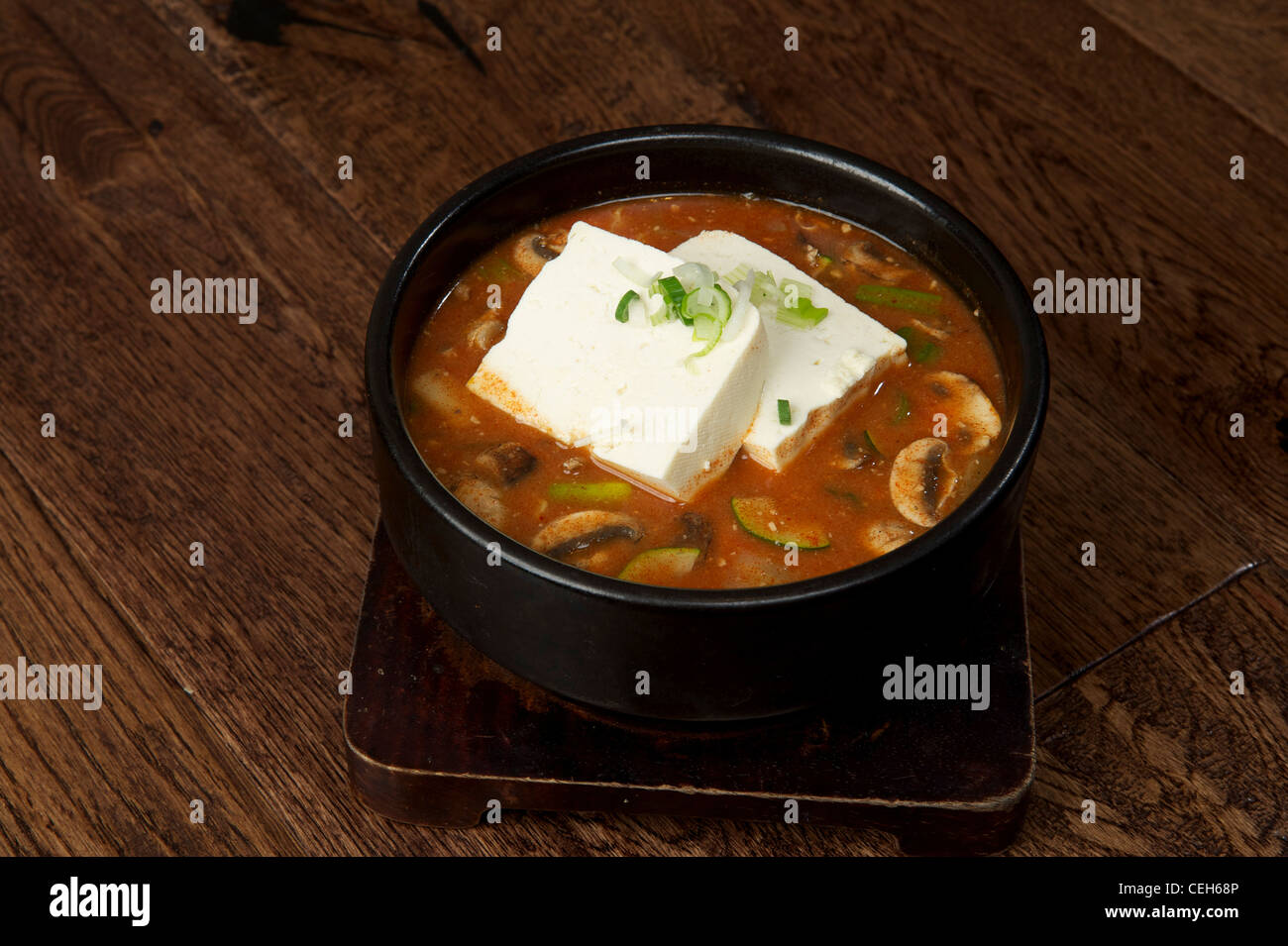 Korean Soup with tofu and mushrooms Stock Photo