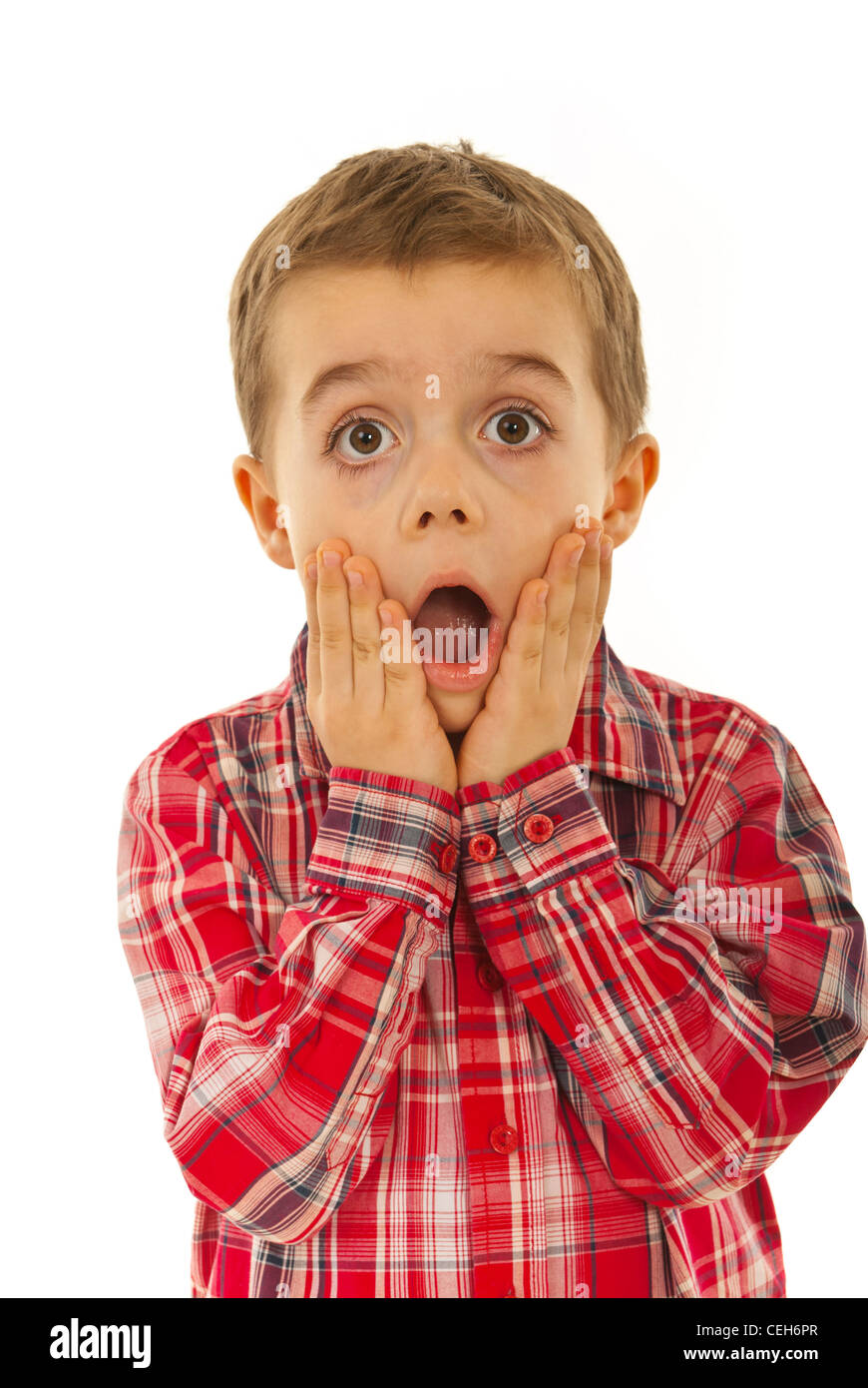 Scared little kid boy holding hands on face and screaming isolated