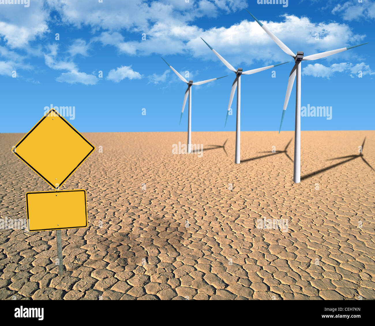 Wind turbines in desert and yellow sign. Stock Photo