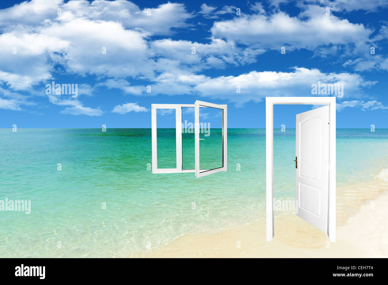 Beautiful remote beach with white doors and window Stock Photo