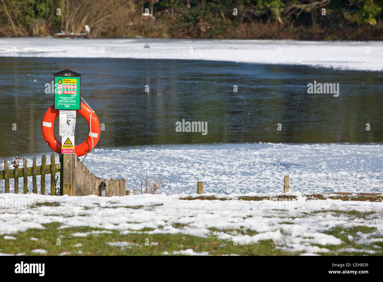 Semi frozen pond, Hampstead Heath, London, UK Stock Photo