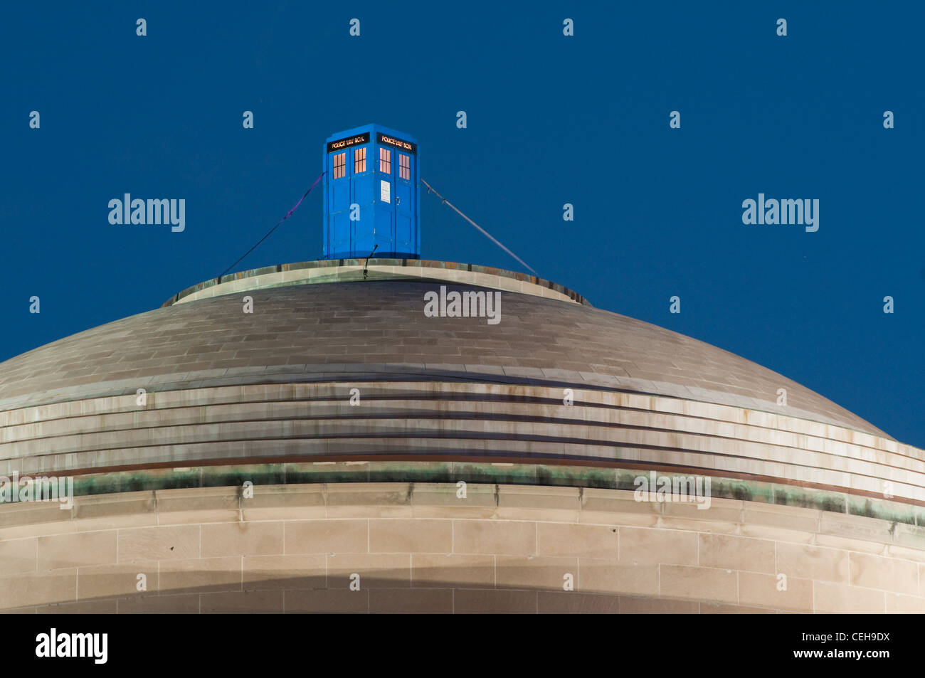 On 8/30/10, an illuminated 'Doctor Who'-style police call box ('TARDIS') appeared on MIT's Great Dome -- it was the same TARDIS that had been on the roof of Building 7 overlooking the 77 Mass Ave entrance for the beginning of Rush/Freshman Orientation. Stock Photo
