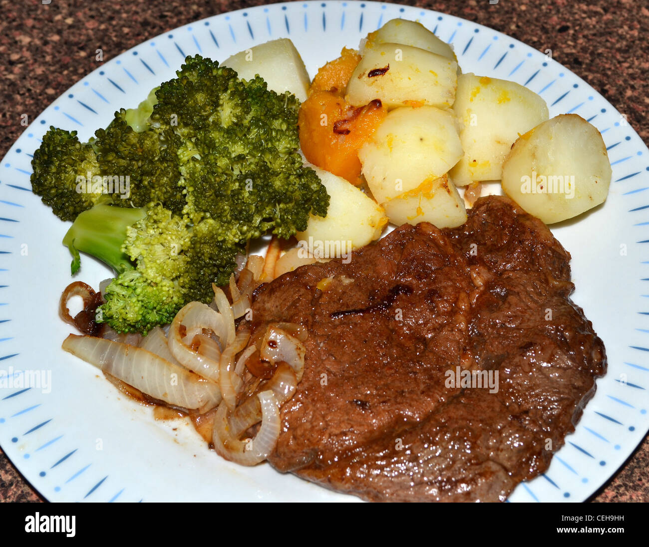 Meat and three veg. Ribeye steak with broccoli, potato and pumpkin