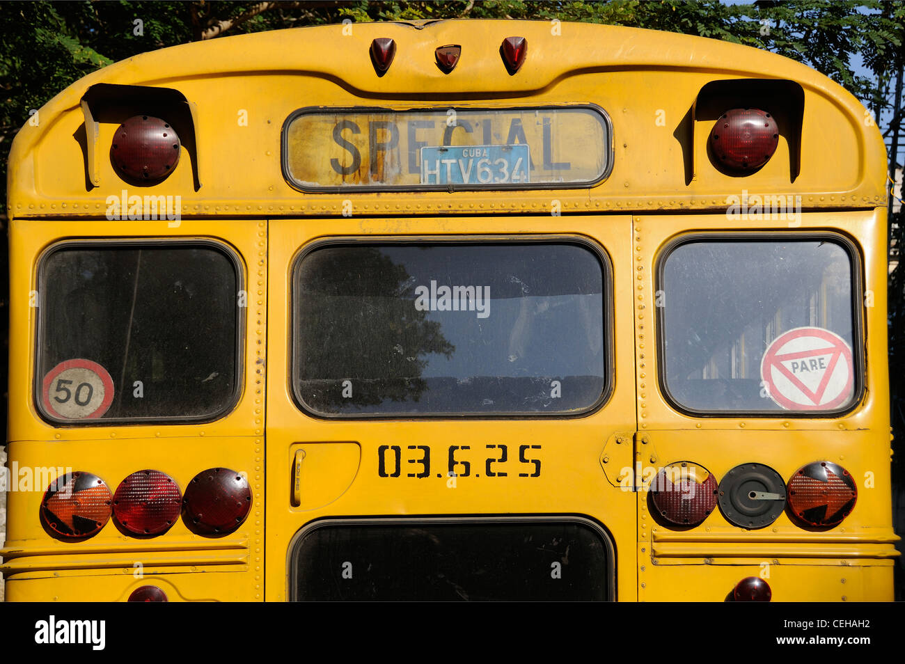 old yellow US-schoolbus on Cuba, Cuba, Caribbean Stock Photo