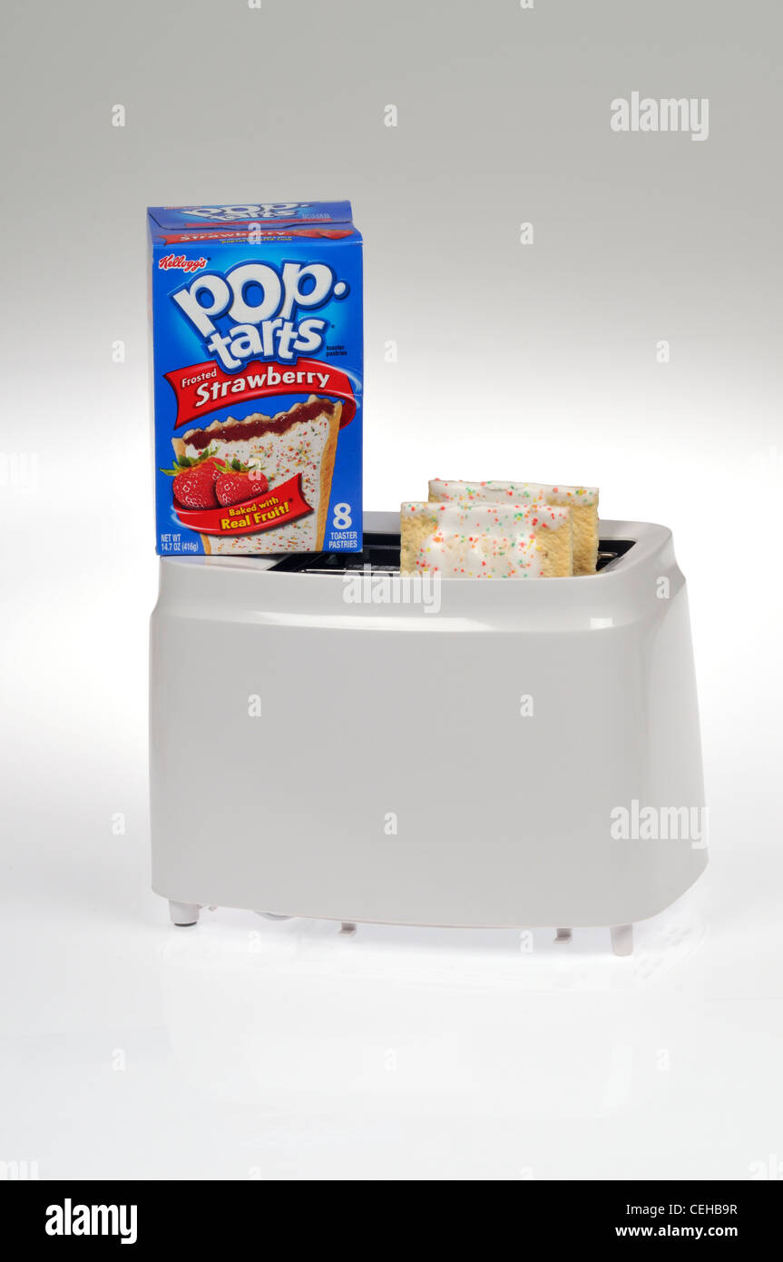 Box of Kellogg's poptarts with strawberry toaster pastry in toaster on