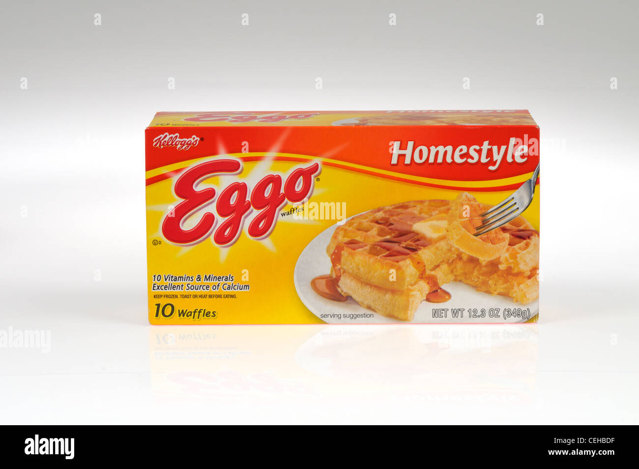 Box of Kelloggs Eggo frozen waffles on white background cutout USA Stock Photo