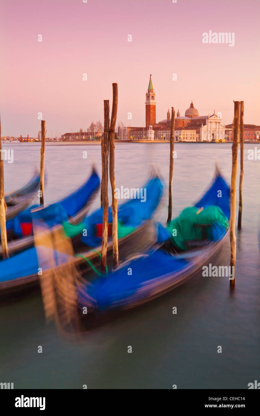 Venice Gondolas moored at night in the Bacino di san Marco, St Mark's Basin, waterfront, Venice, Italy, EU, Europe Stock Photo