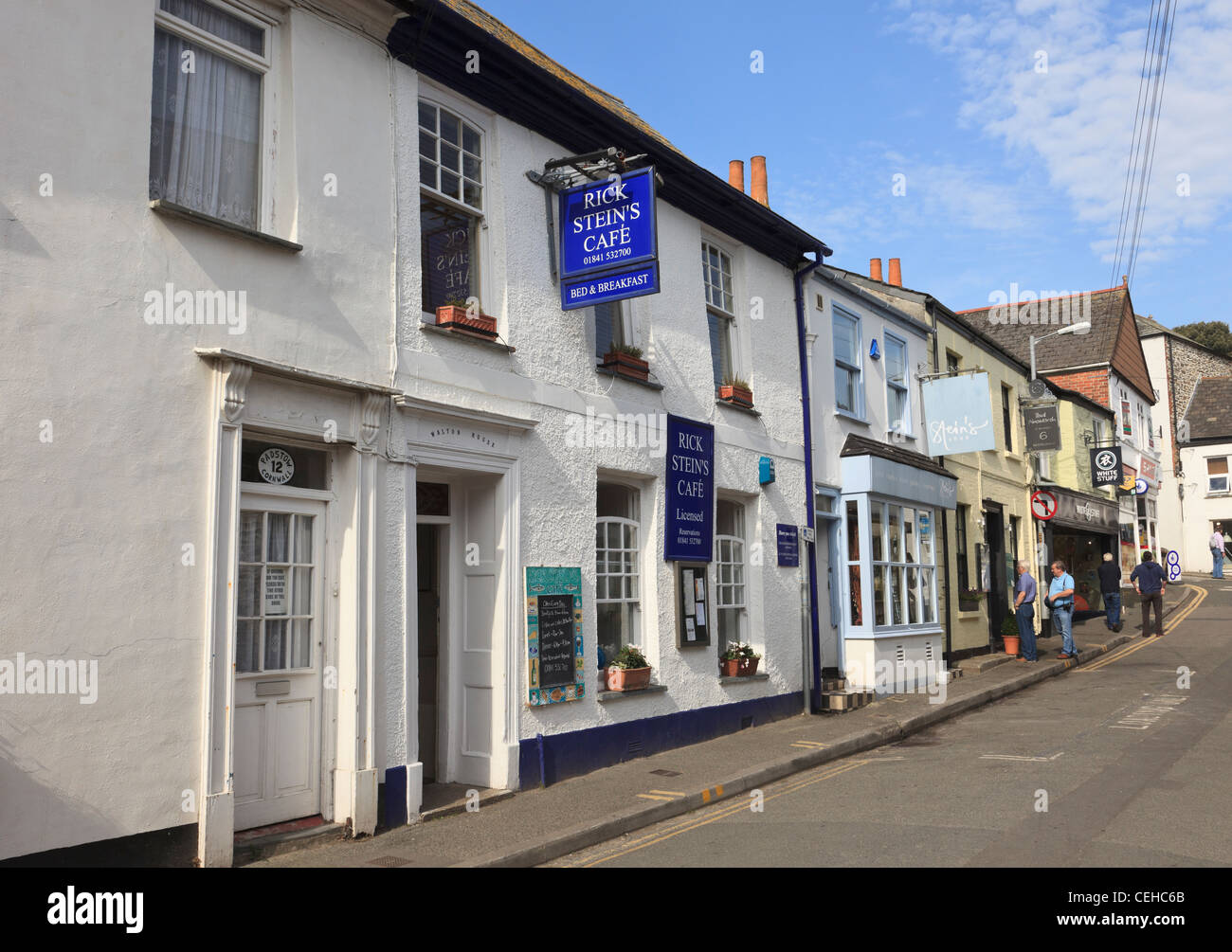 Padstow, Cornwall, England, UK, Britain. Rick Stein's famous cafe and licensed restaurant in the Cornish village street Stock Photo