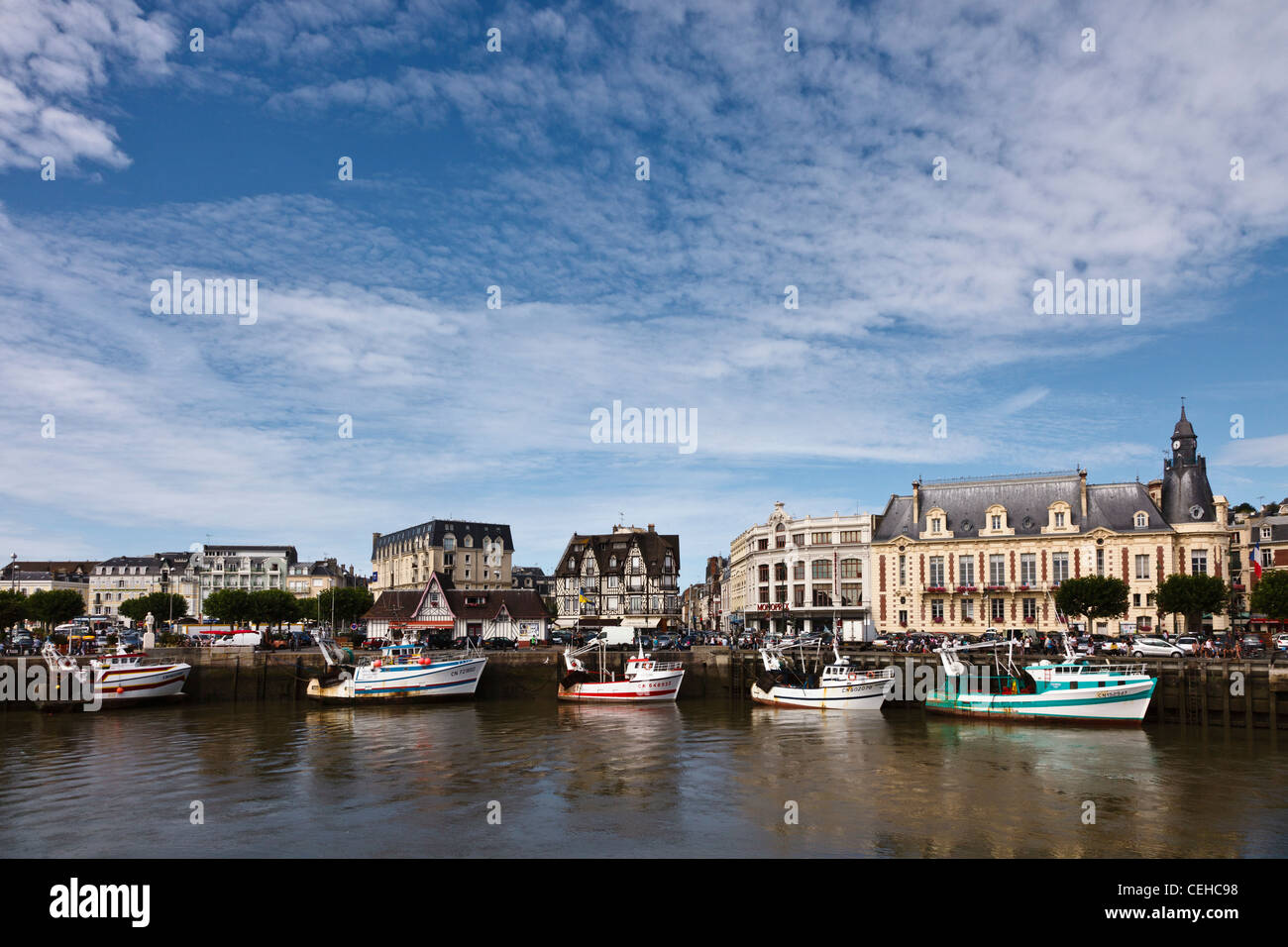 Fishing boats moored on the River Touques at Trouville sur Mer, Normandy, France Stock Photo