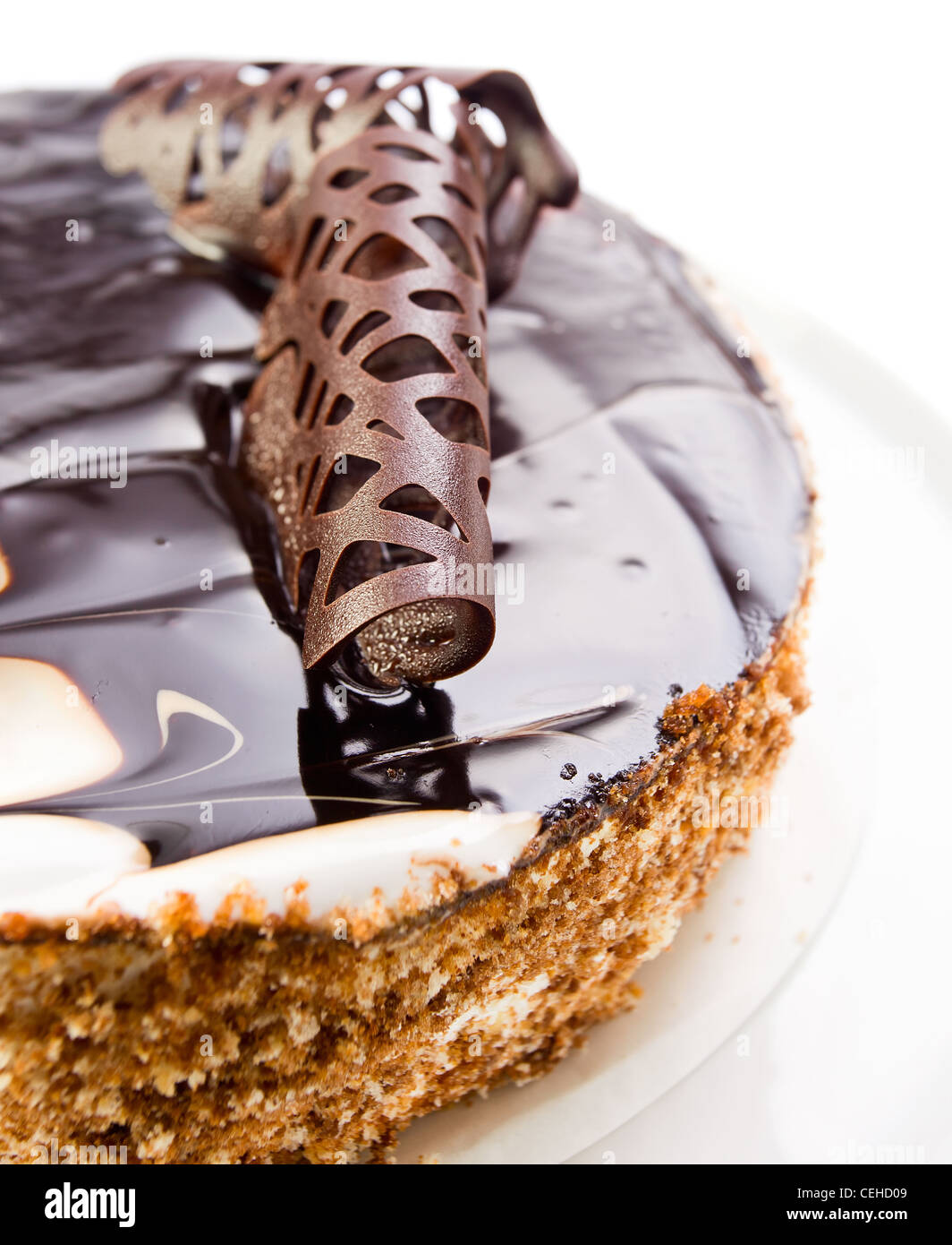 Chocolate pie on a white background . Stock Photo