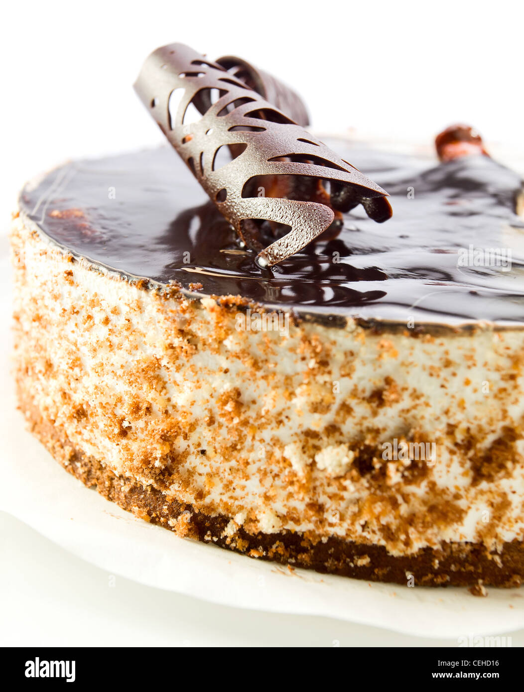 Chocolate pie on a white background . Stock Photo