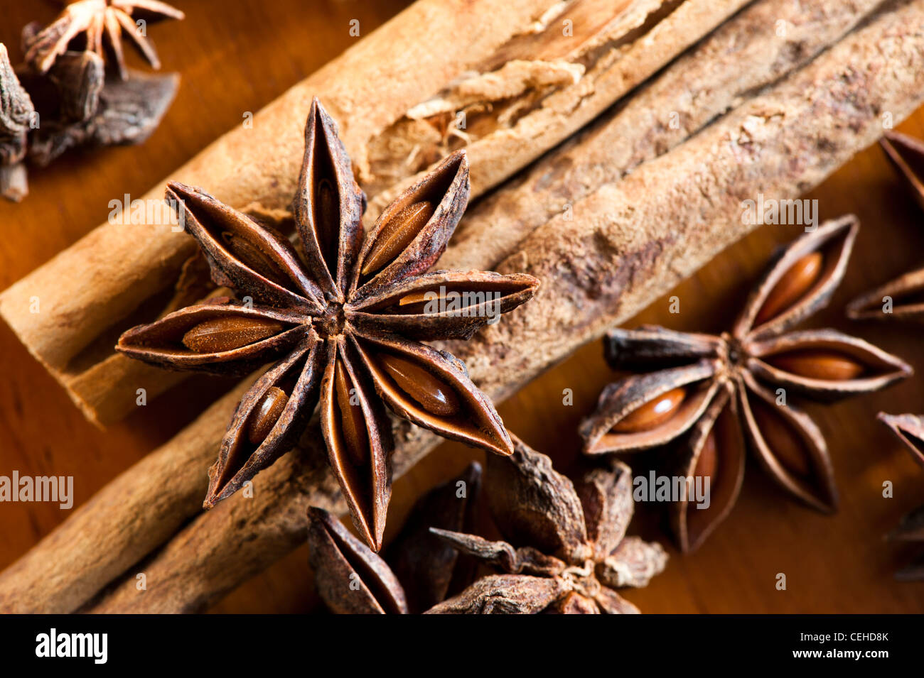 Cinnamon, Cinnamomum verum, and Star Anise, Illicium verum Stock Photo