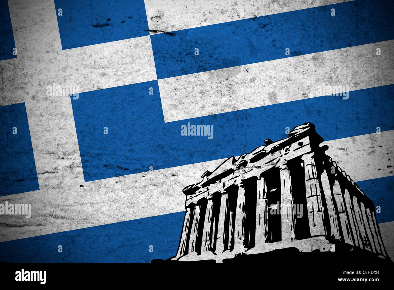 Close view of a illustration retro of Greek flag printed with a drawing of the Parthenon in Athens. Stock Photo