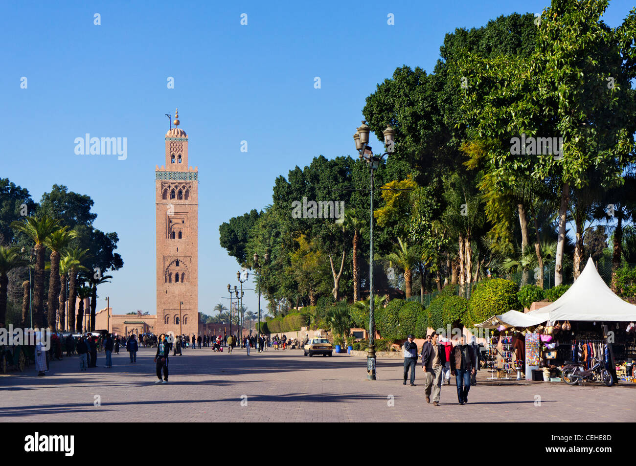 The minaret of the Koutoubia Mosque from Place Foucauld leading to the Djemaa el Fna sqare, Marrakech, Morocco, North Africa Stock Photo