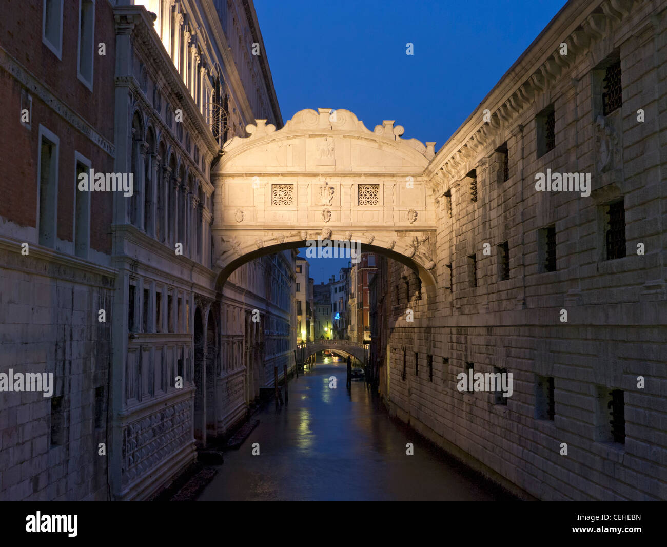 Bridge of Sighs at night in Venice Italy Stock Photo
