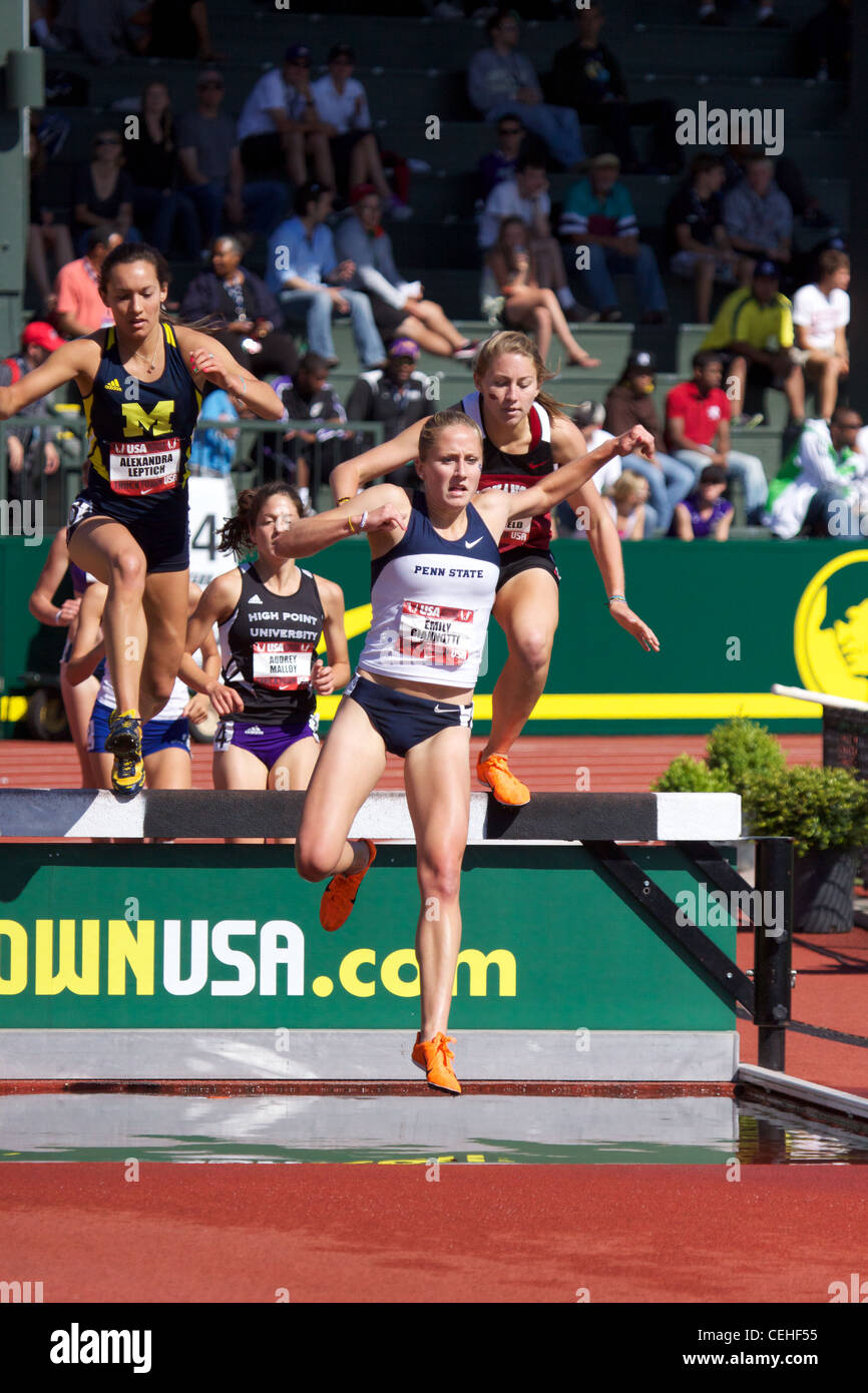 Womens 3000m steeplechase at Hayward field Eugene Oregon image taken from the crowd at the 2011 USATF nationals Hayward Field Eugene Oregon Stock Photo
