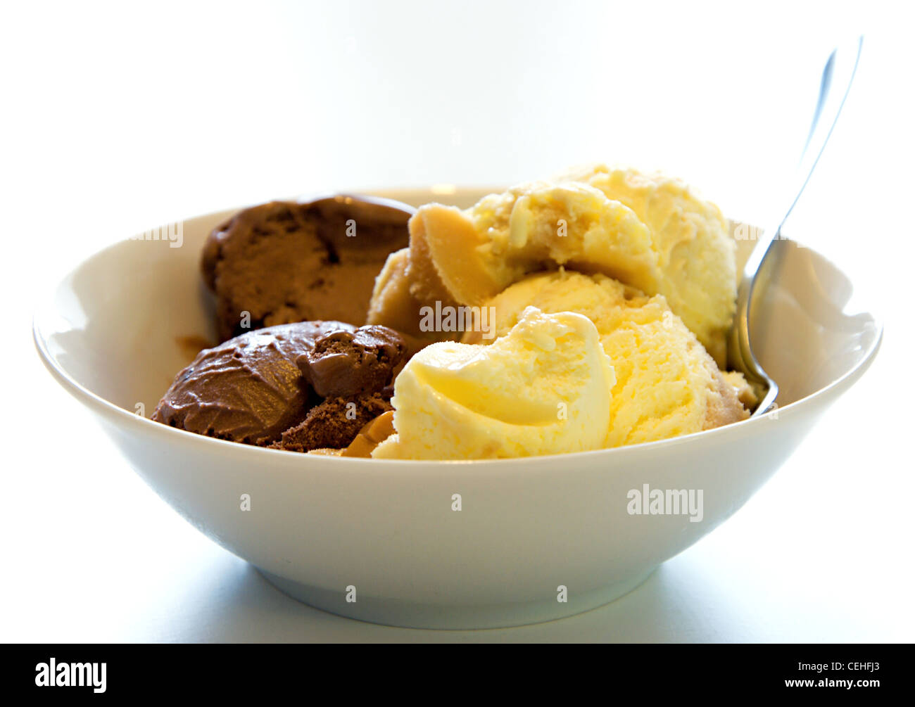 Vanilla and chocolate ice cream in white dish. Stock Photo
