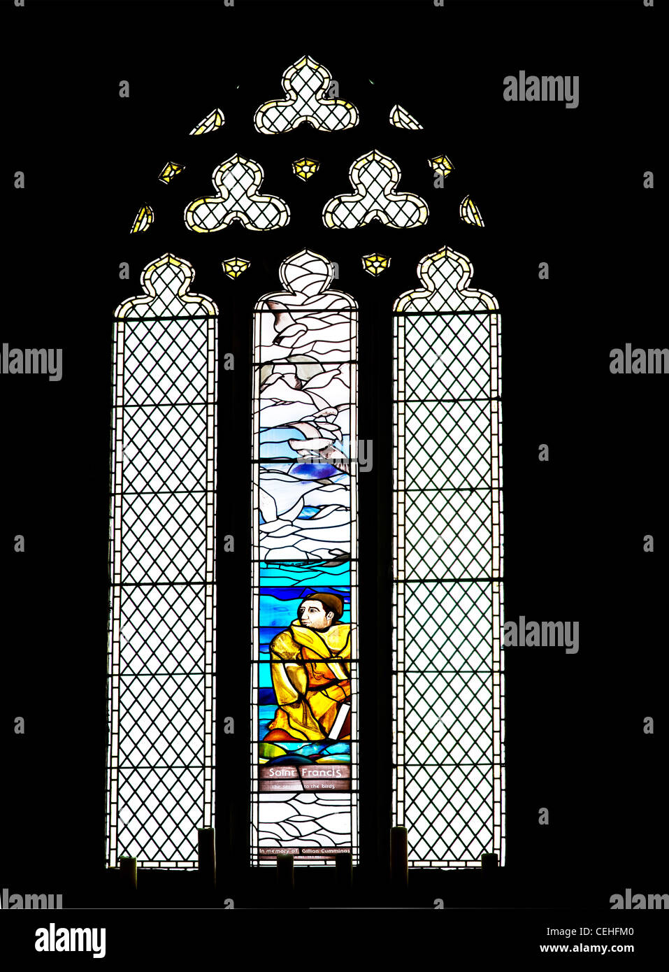 Modern stained glass window of St Francis at St Peter's church, Wearmouth . Stock Photo
