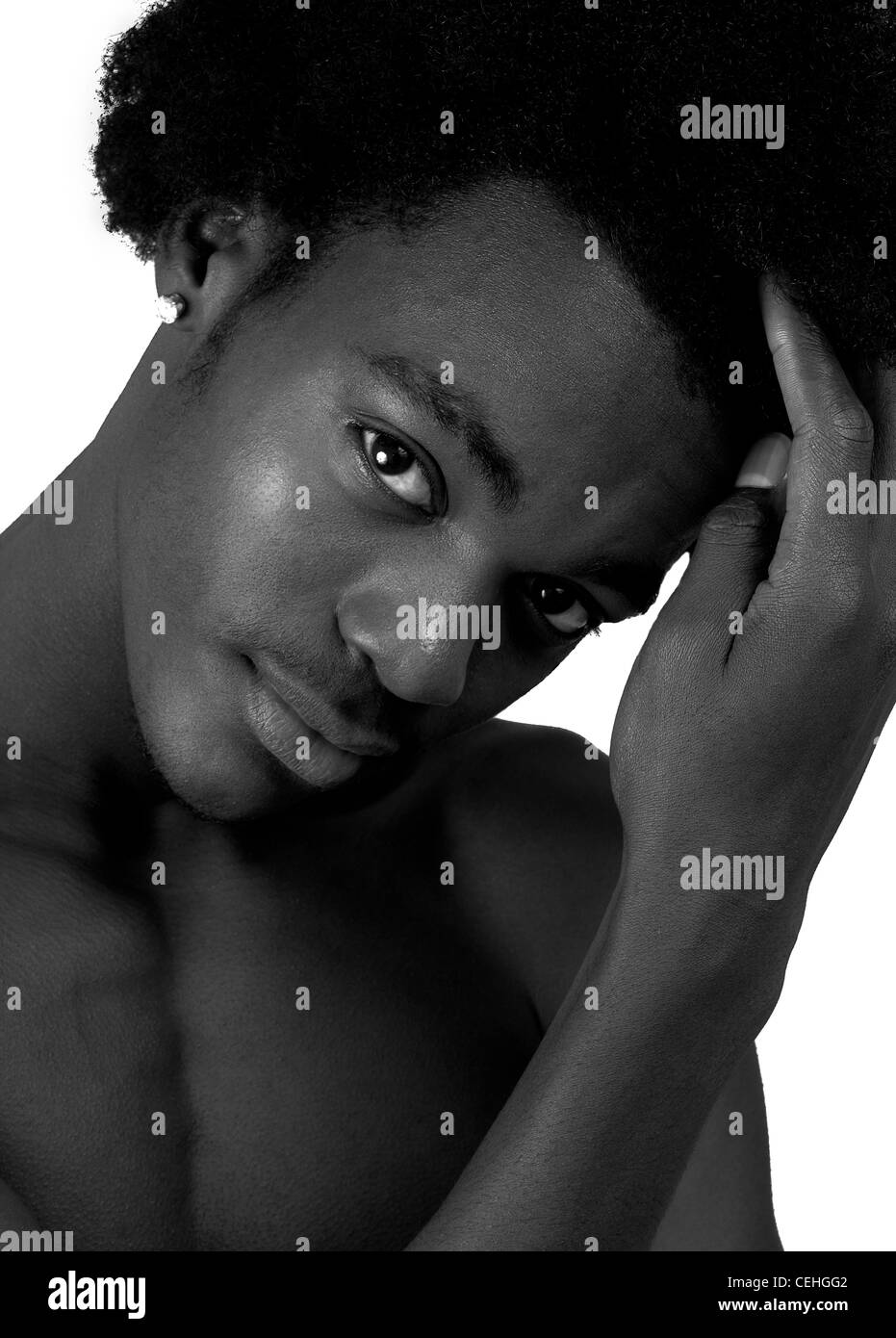 beautiful African American man black and white with long hair black isolated Stock Photo