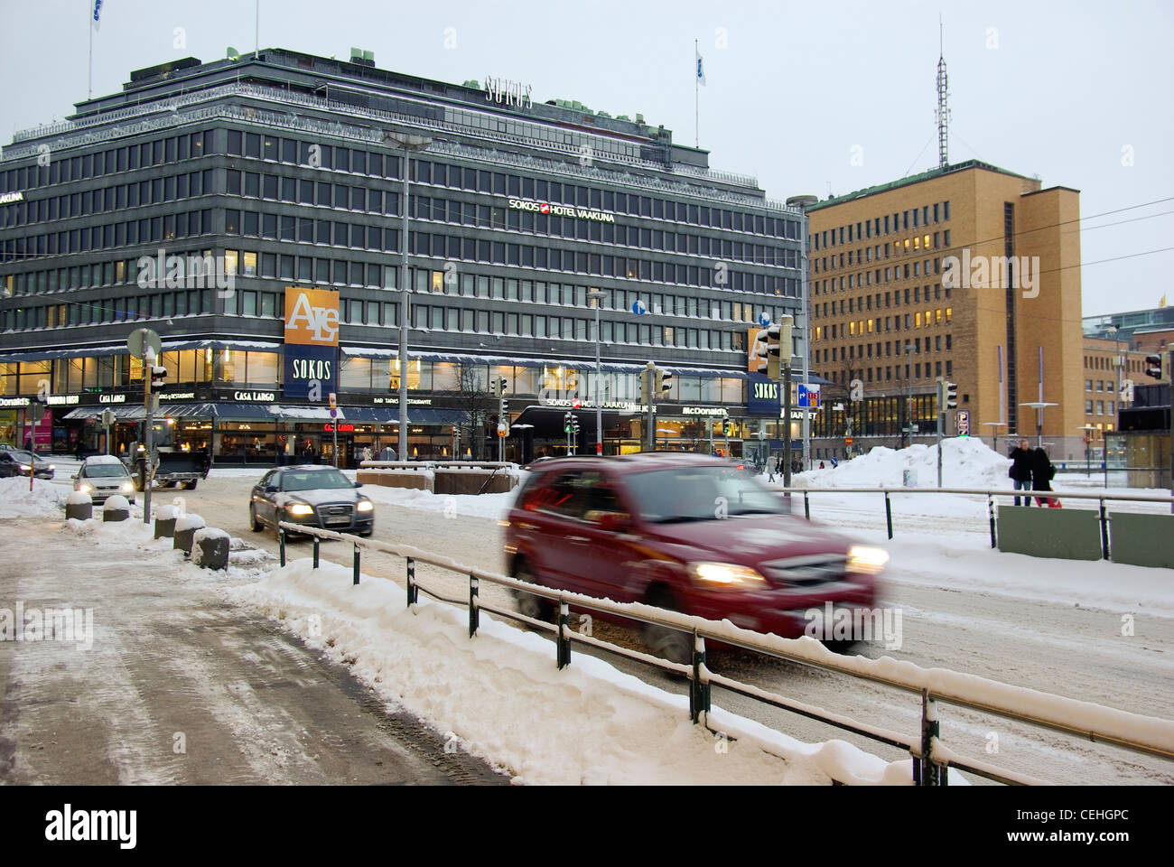 Finland. Helsinki, Helsingfors. Hotel Sokos Hotel Vaakuna and shopping center Sokos. Street. Stock Photo