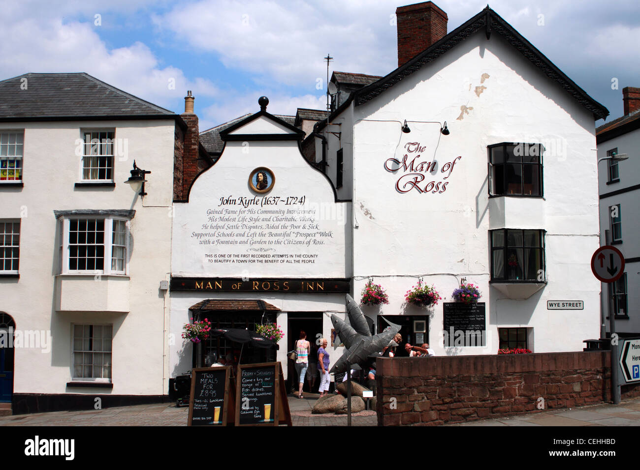 The Man of Ross Public House named after: John Kyrle (22 May 1637 – 7 November 1724), known as 'the Man of Ross', was an English philanthropist, born in the parish of Dymock, Gloucestershire but best remembered for his time in Ross-on-Wye in Herefordshire. Stock Photo