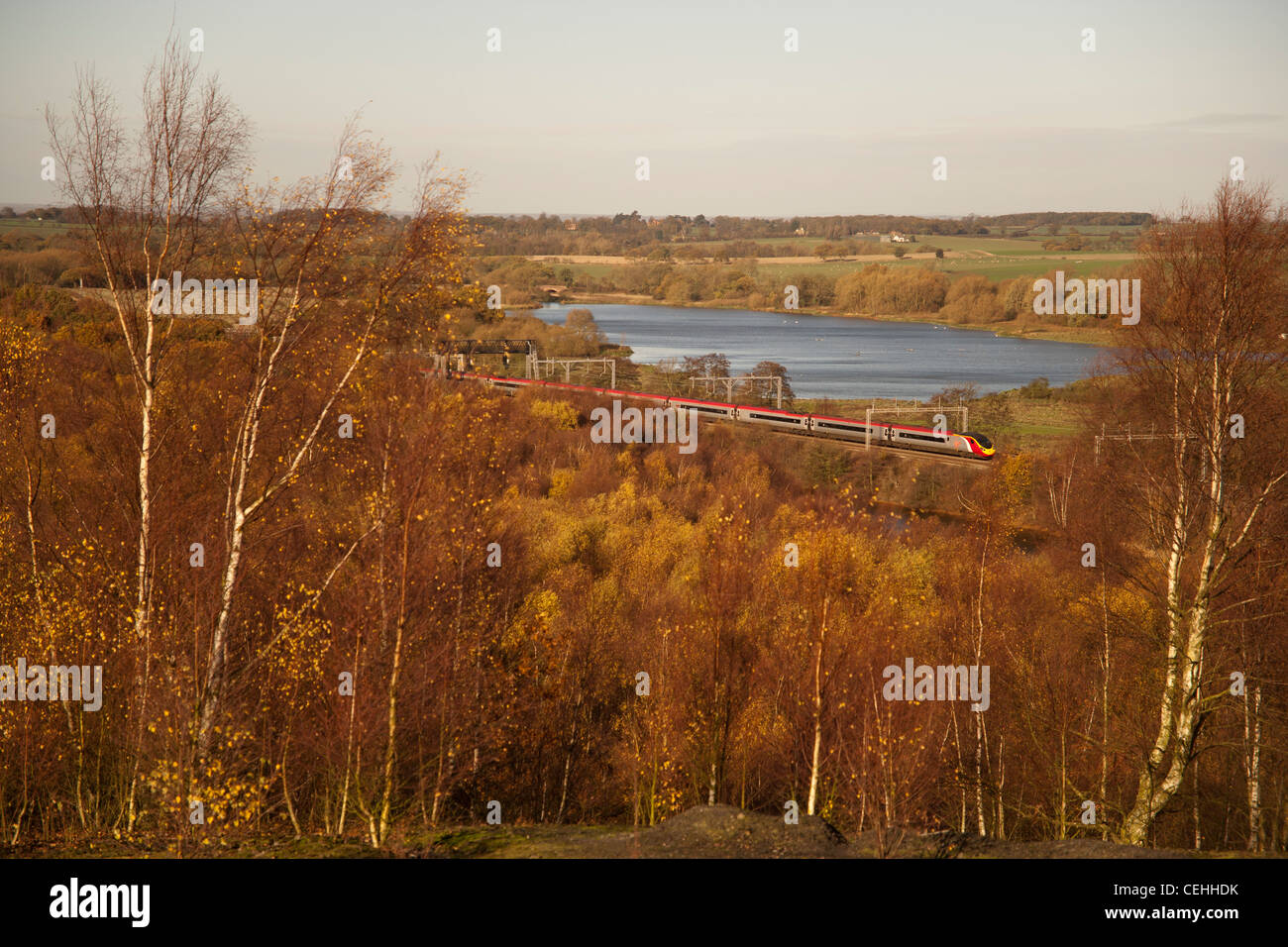 Virgin Trains Pendolino from atop Pooley Hall country park, Polesworth, Warwickshire. Stock Photo