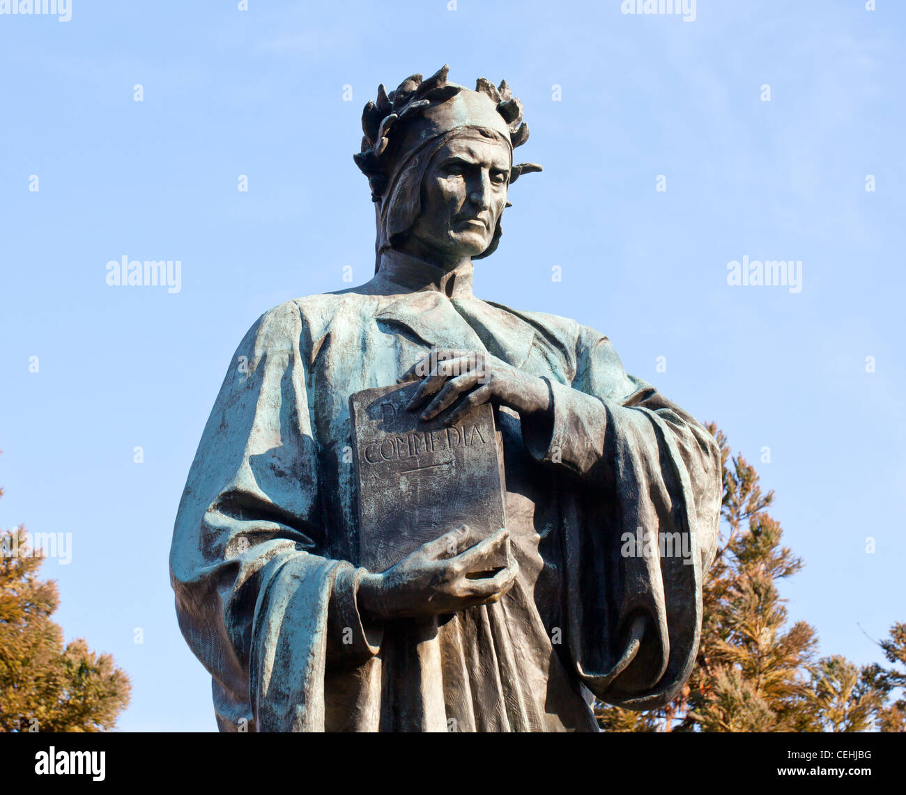 Statue of Dante holding Commedia book in Meridian Hill Park in Washington DC Stock Photo