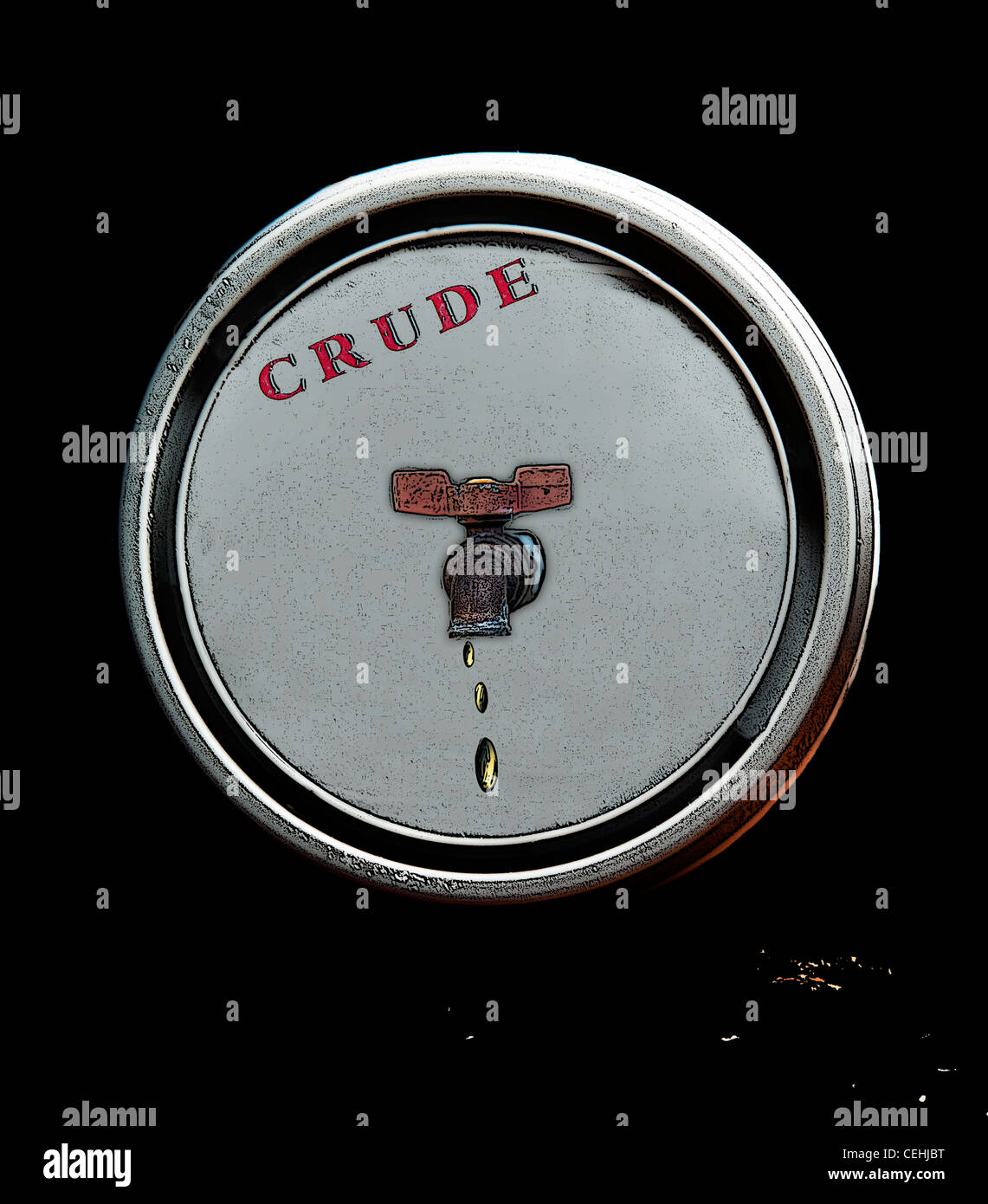 Oil drum with spigot showing last drops of remaining oil Stock Photo