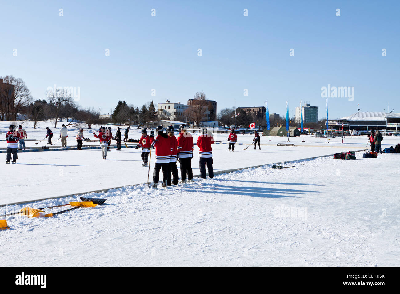 Playing hockey on Rideau canal in Ottawa Stock Photo