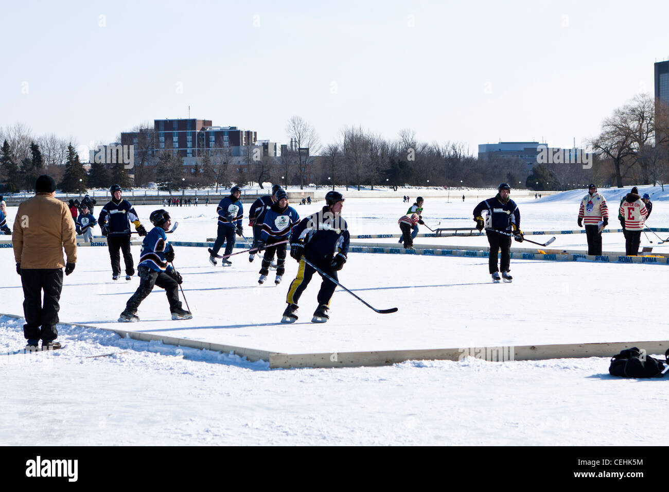 Playing hockey on Rideau canal in Ottawa Stock Photo