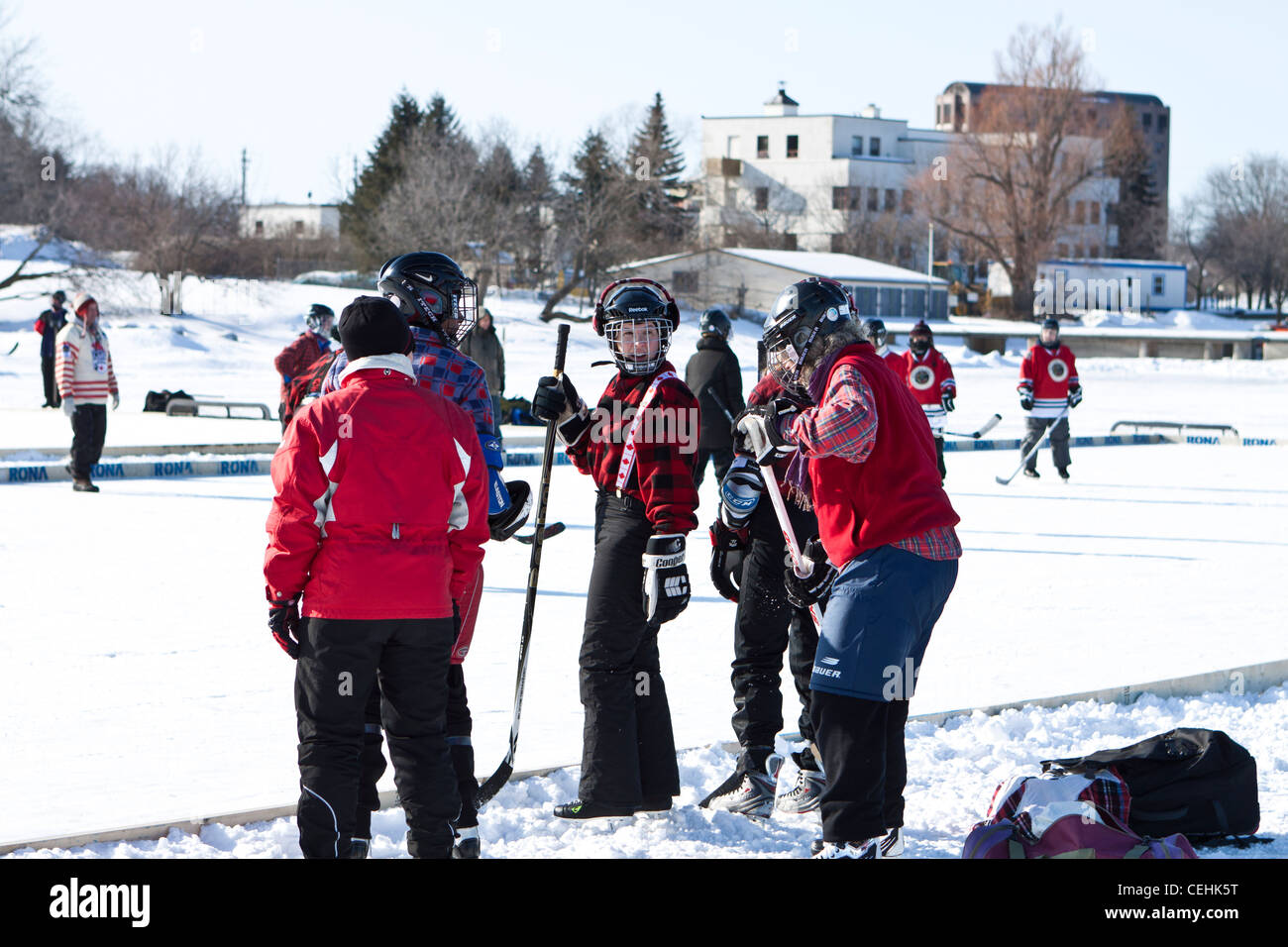 Playing hockey on Rideau canal in Ottawa Stock Photo