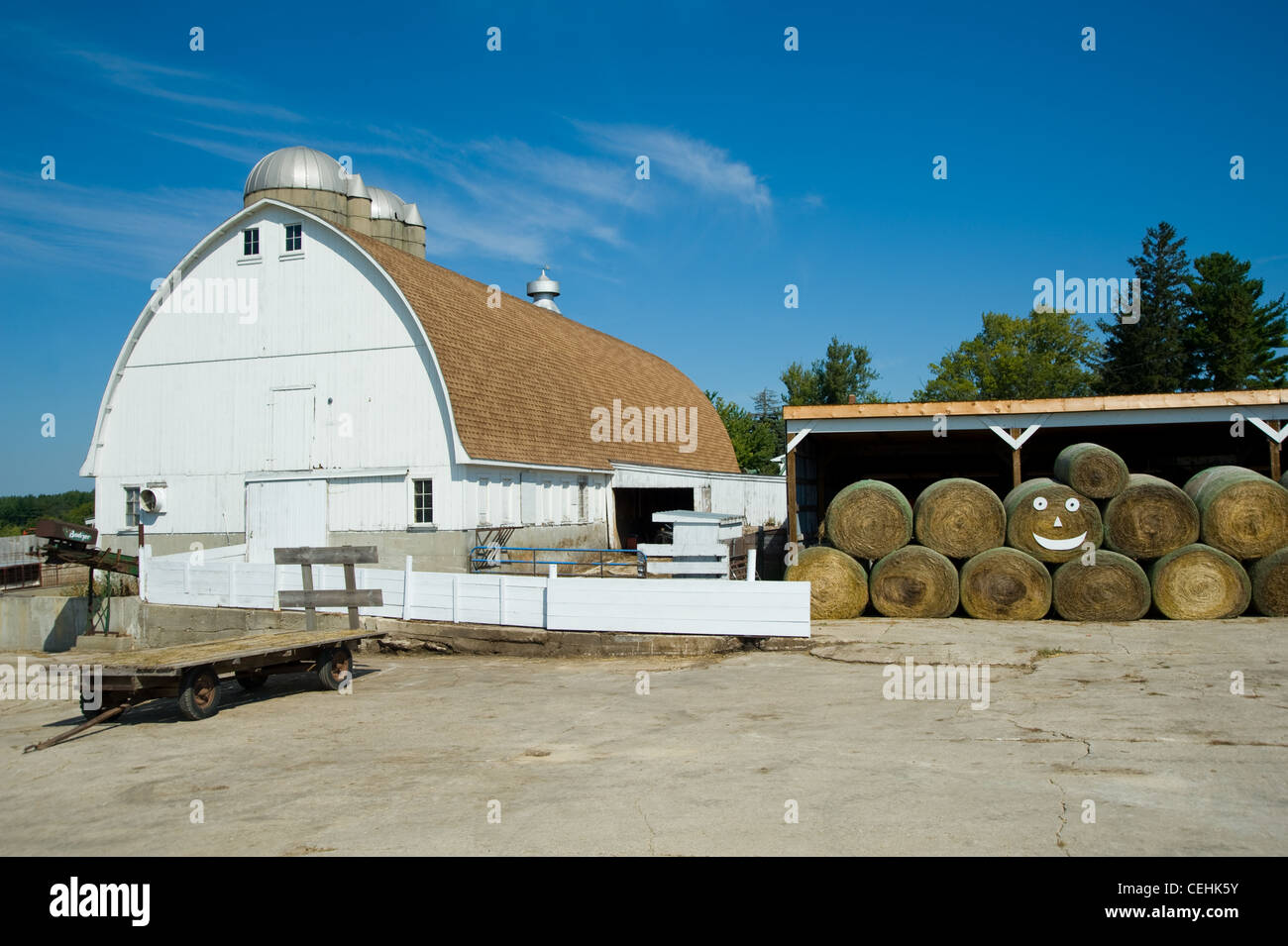 red roof barn on farm land farming hay rolls under roof stored Stock ...