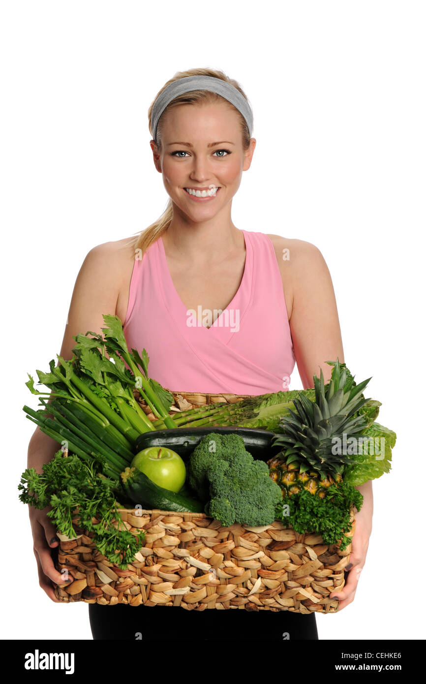 Happy Woman holding Basket of Green Fruits and Vegetables Stock Photo ...