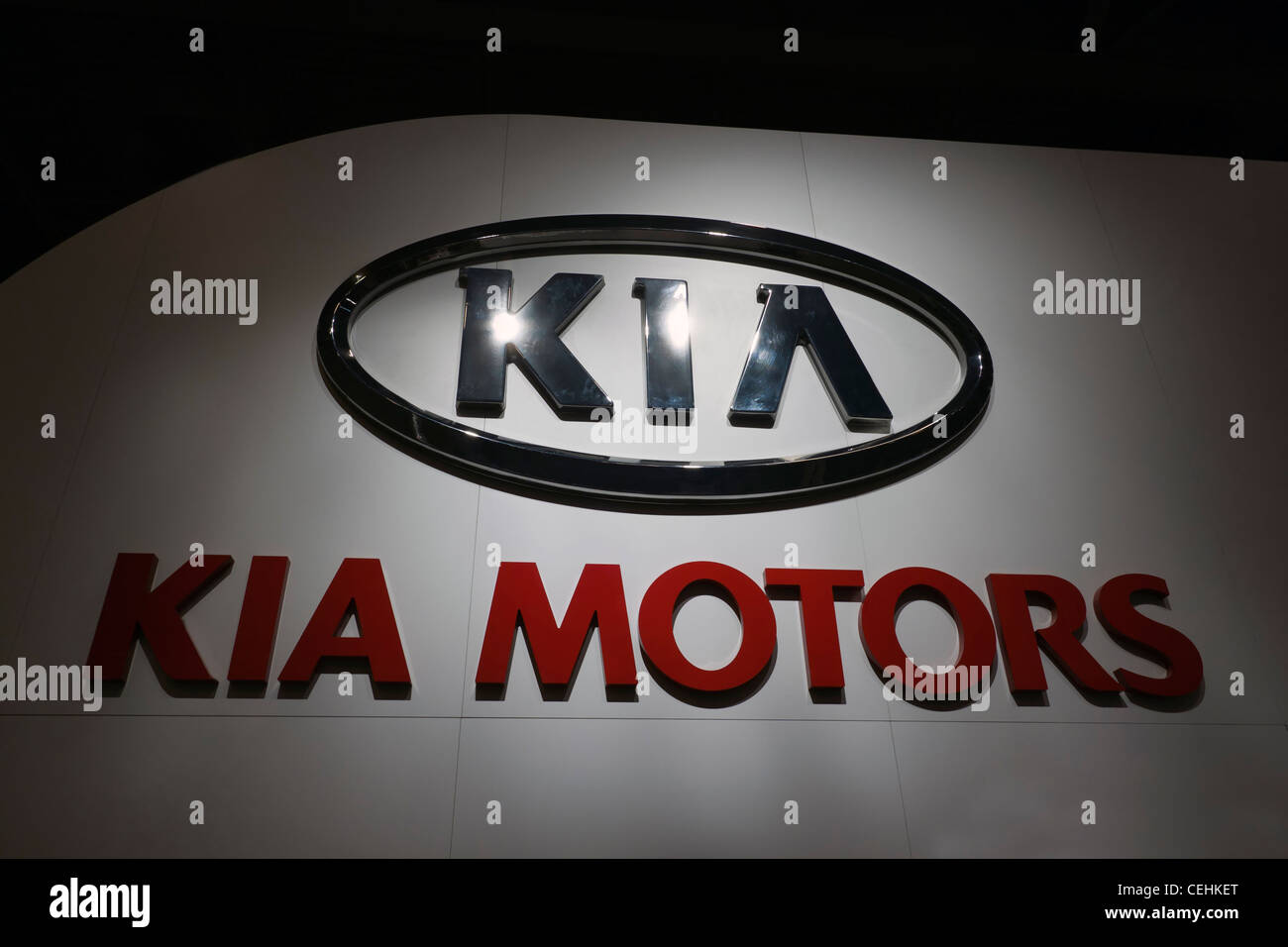 HOUSTON - JANUARY 2012: The KIA logo sign at the Houston International Auto Show on January 28, 2012 in Houston, Texas. Stock Photo