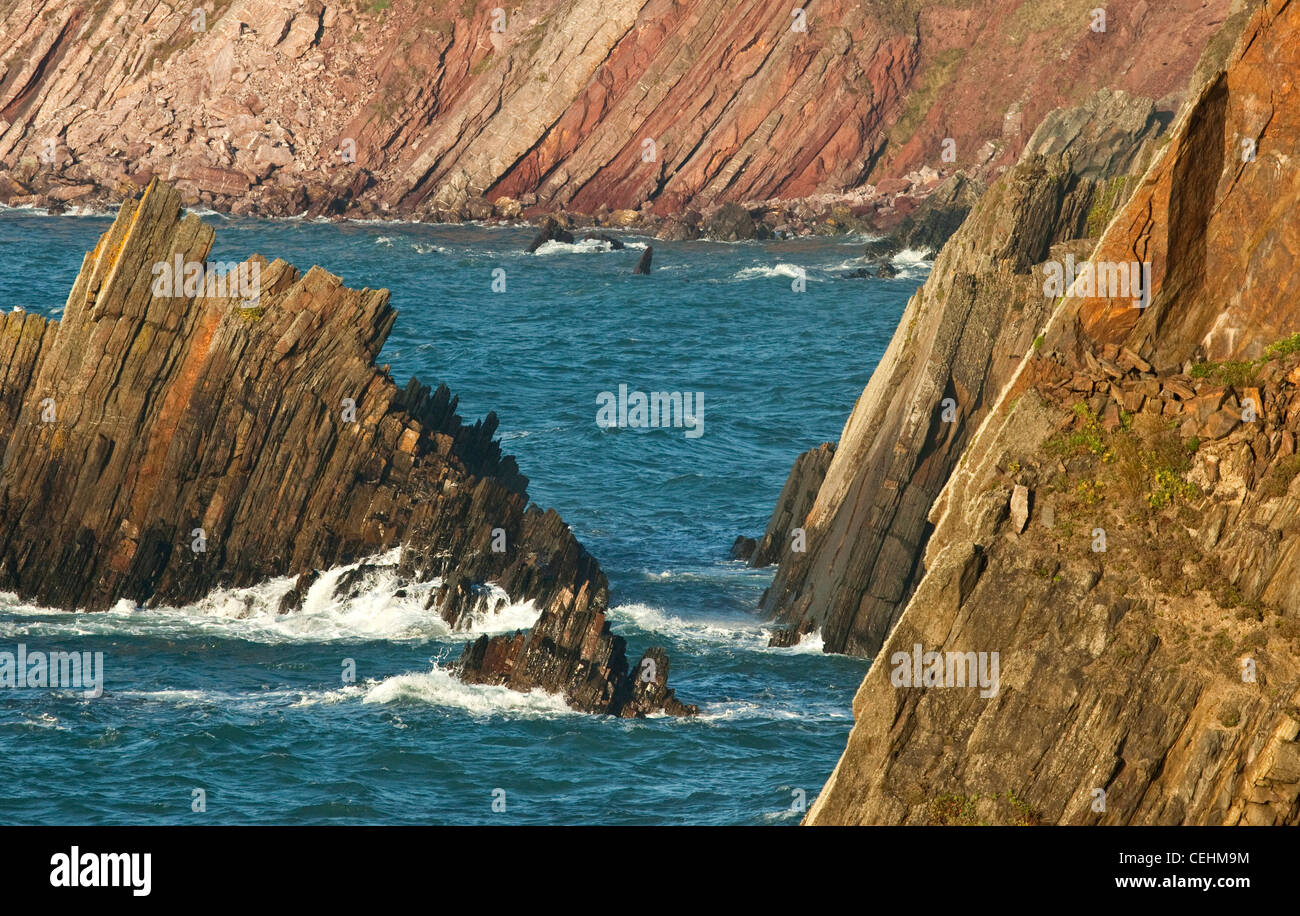 Marloes Sands high tide around Raggle Rocks and Gateholm Stack Pembrokeshire Coast National Park (National Trust) Wales UK Stock Photo