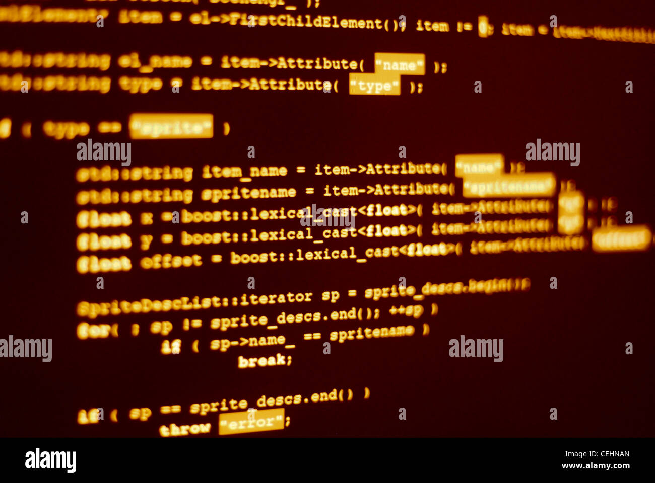 Photo of computer screen with program code displayed in hacker color. Shallow depth of field places word 'lexical' in focus Stock Photo