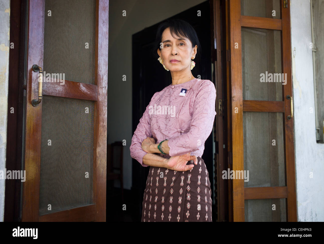 Aung San Suu Kyi, State Chancellor of Myanmar's Government and the leader of the National League for Democracy Party (NLD) at her home in Yangon Myanmar, Burma Stock Photo