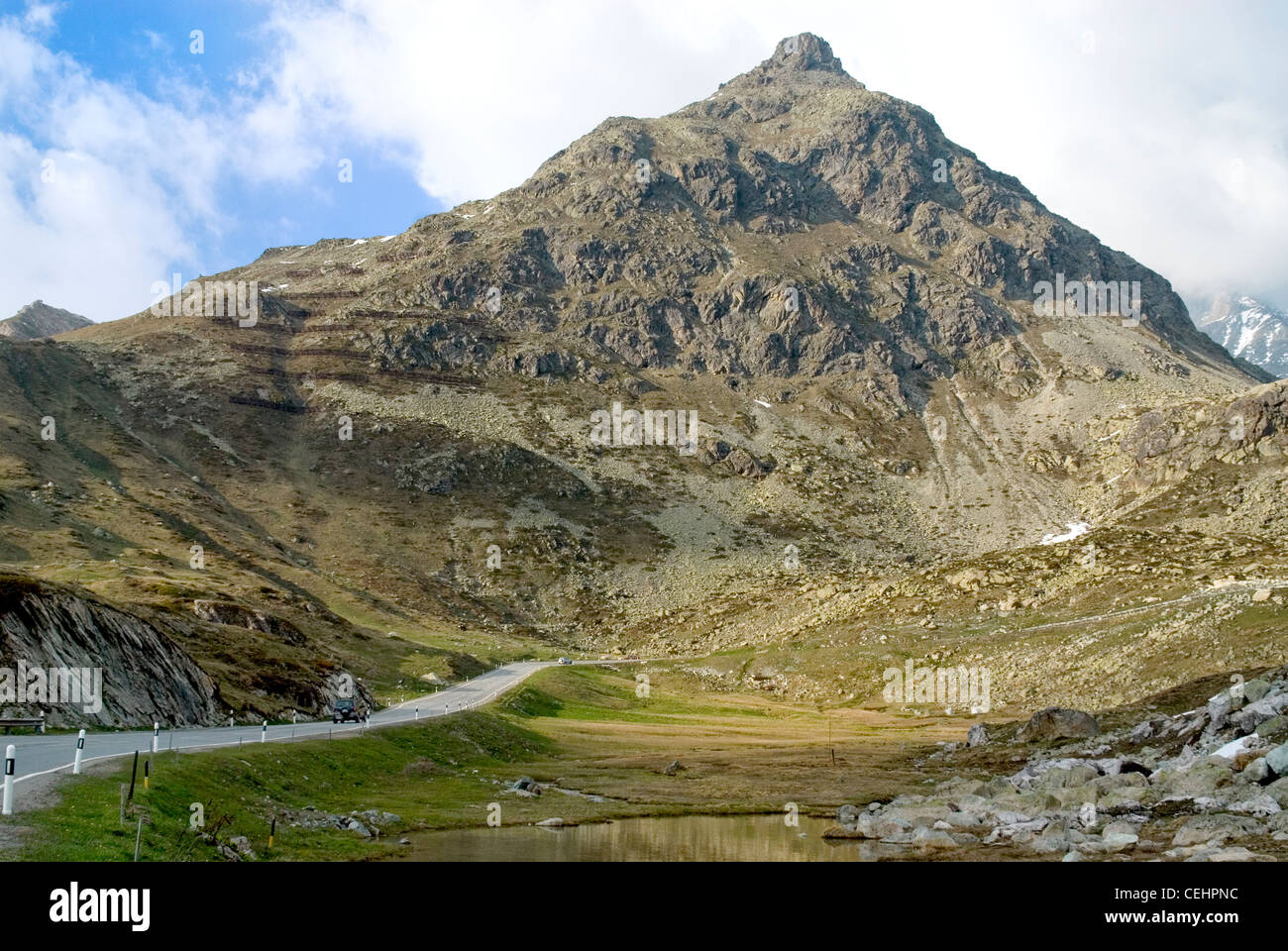 Mountain Landscape at Julier Pass, Engadin, Switzerland.  Berglandschaft am JulierPass im Frühjahr, Oberengadin, Schweiz Stock Photo