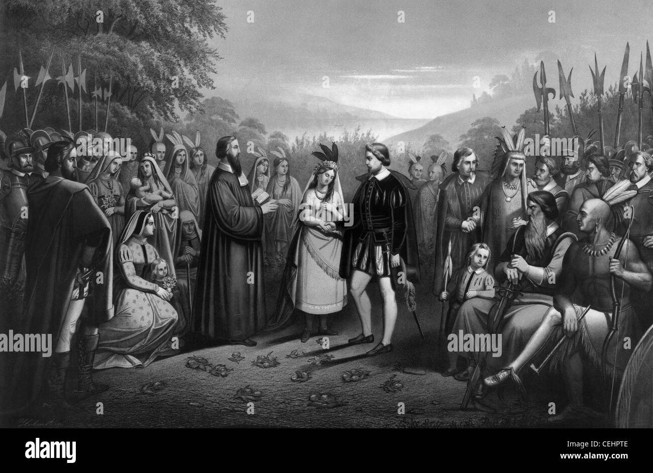 Vintage print depicting the marriage of Pocahontas. Stock Photo