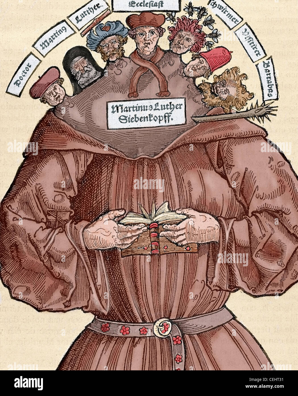 Protestant Reformation. 16th century. Germany. Satire against Martin Luther (1483-1546). Colored engraving. Stock Photo